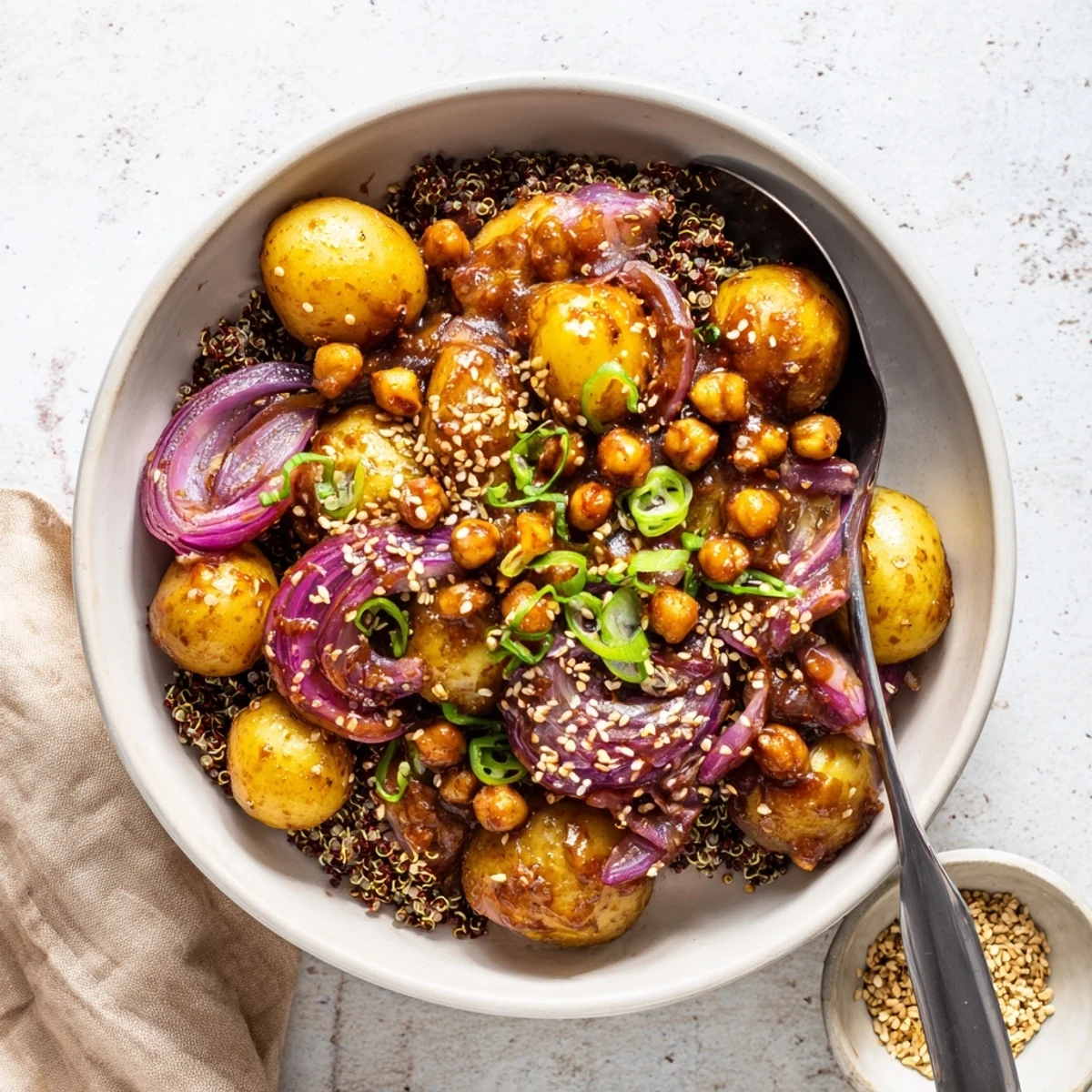 Hearty gochujang potatoes and chickpeas served on a bed of fluffy white quinoa with sesame seed garnish