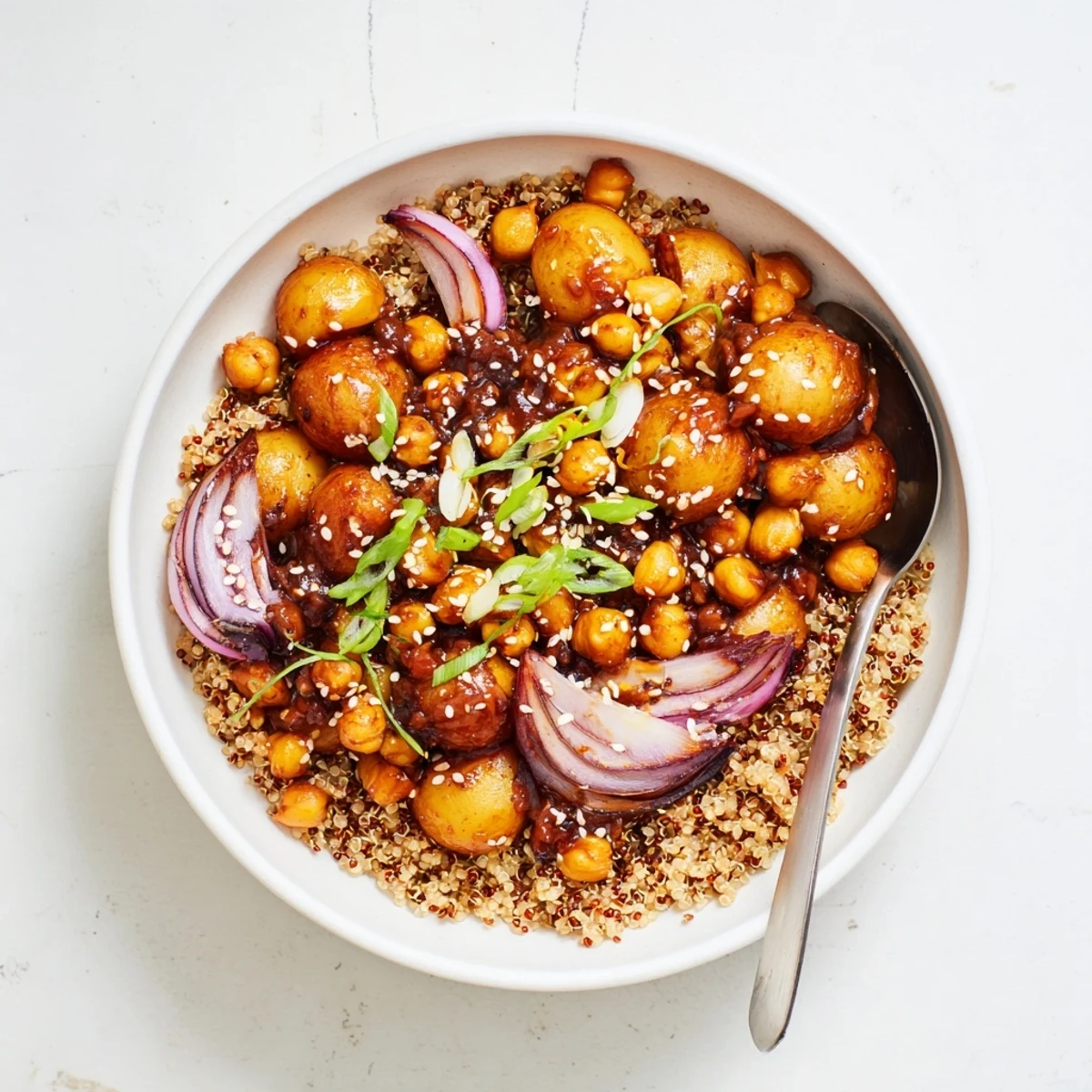 Gochujang potatoes and chickpeas bowl featuring roasted vegetables glazed in spicy Korean red chili sauce over fluffy quinoa