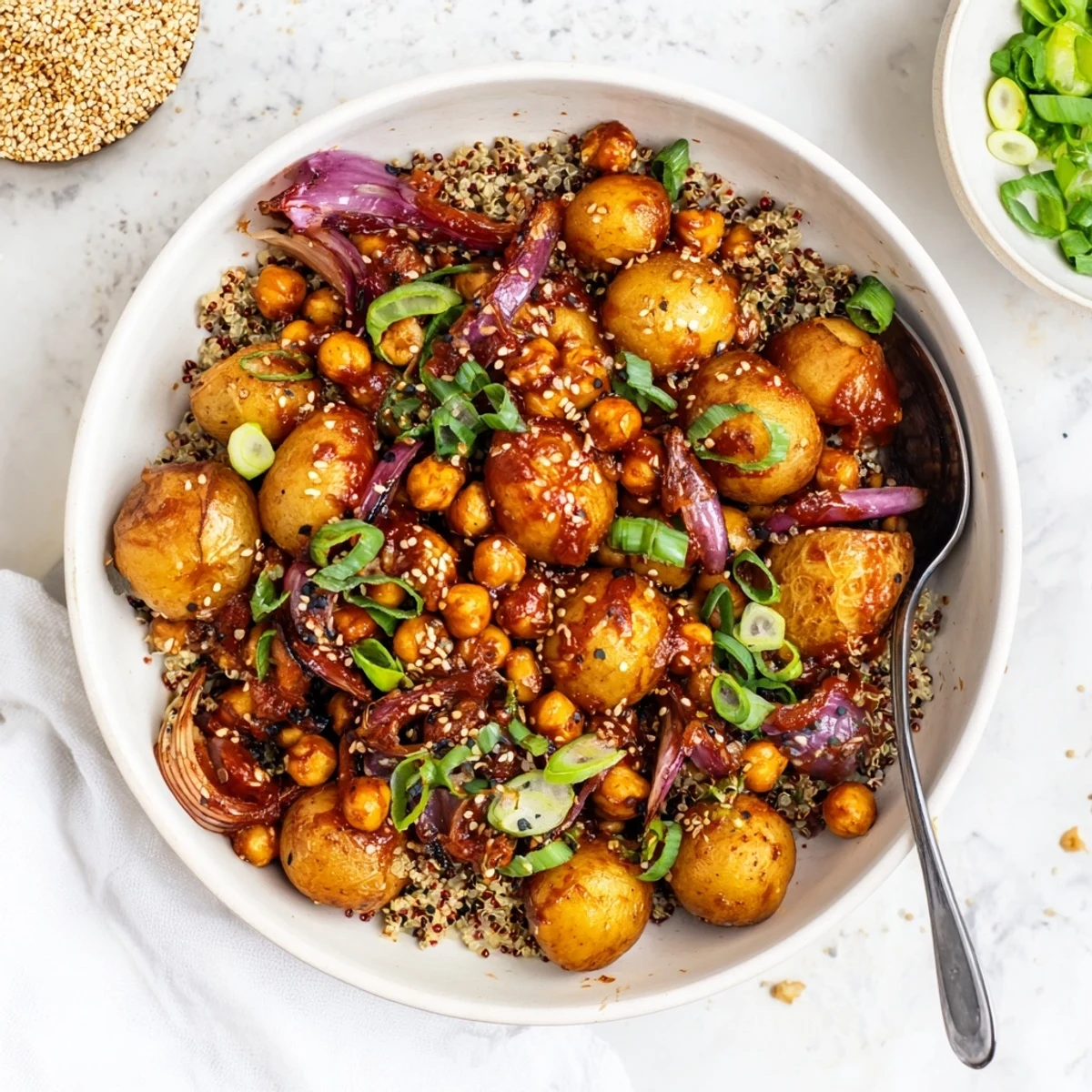 Spicy gochujang roasted potatoes and chickpeas arranged over quinoa in a colorful vegan grain bowl