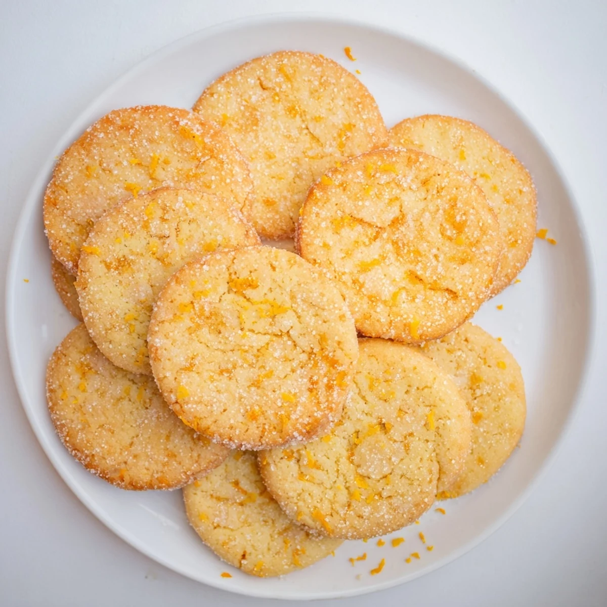 Golden orange sugar zest cookies with sparkling sugar coating on a white plate