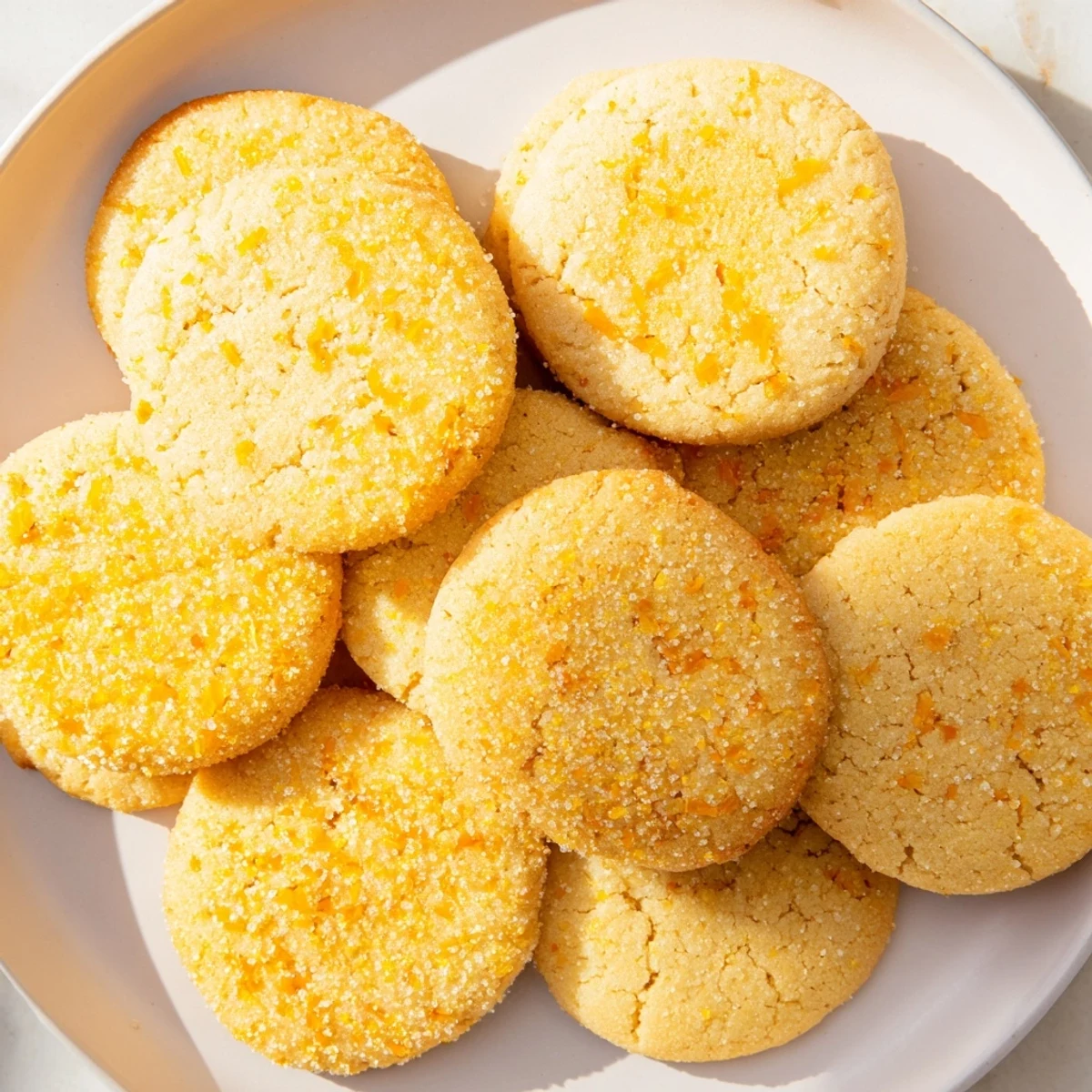 Freshly baked orange sugar zest cookies featuring bright citrus zest and crumbly texture