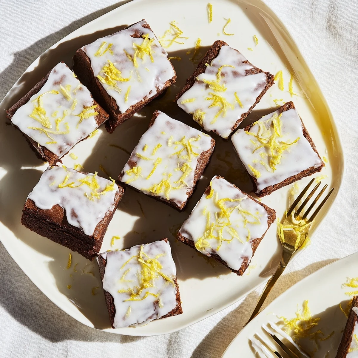 Golden lemon zest buttery brownies drizzled with white glaze and fresh zest garnish on a rustic wooden board