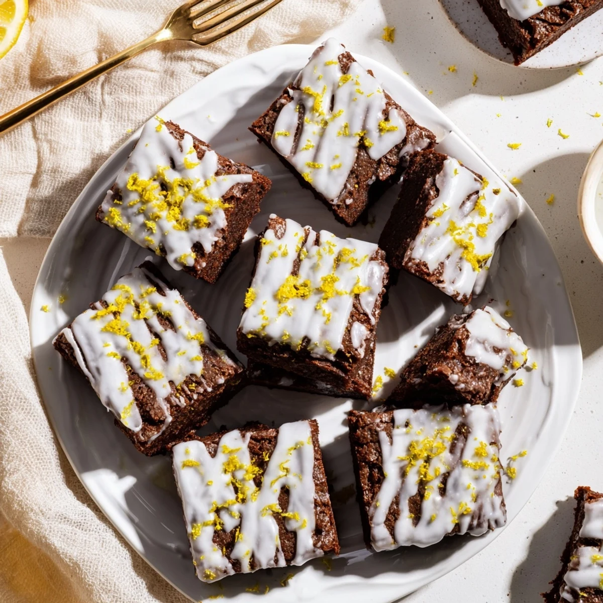 Fudgy lemon zest buttery brownies cut into squares with powdered sugar topping and bright yellow zest specks