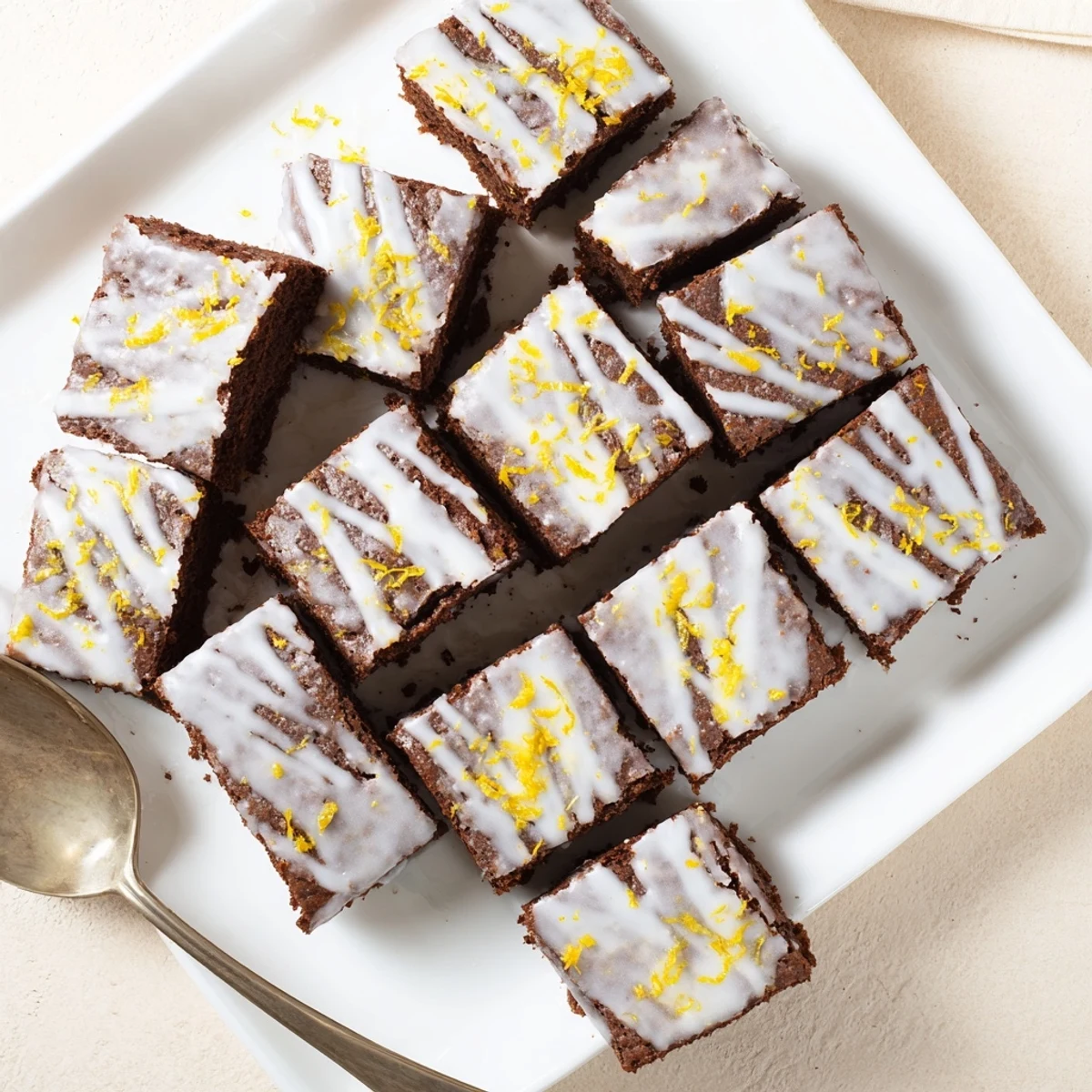 Homemade lemon zest buttery brownies stacked on a plate with close-up showing moist crumb and citrus flecks