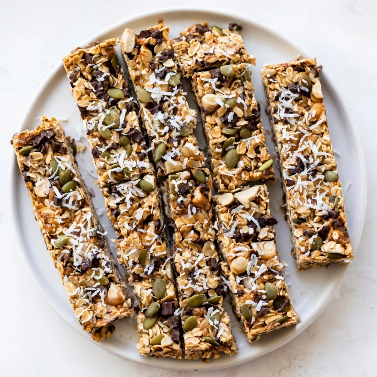 Golden brown healthy homemade granola bars studded with chocolate chips and nuts