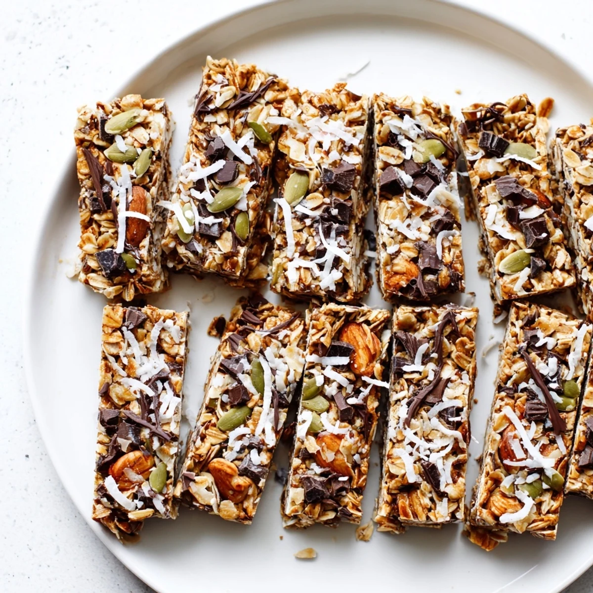 Homemade granola bars stacked on a wooden cutting board with dried cranberries visible