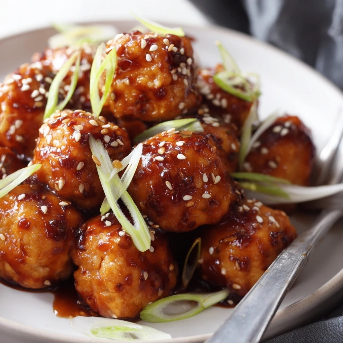 Golden brown sweet chili tofu balls coated in glossy red sauce and sesame seeds