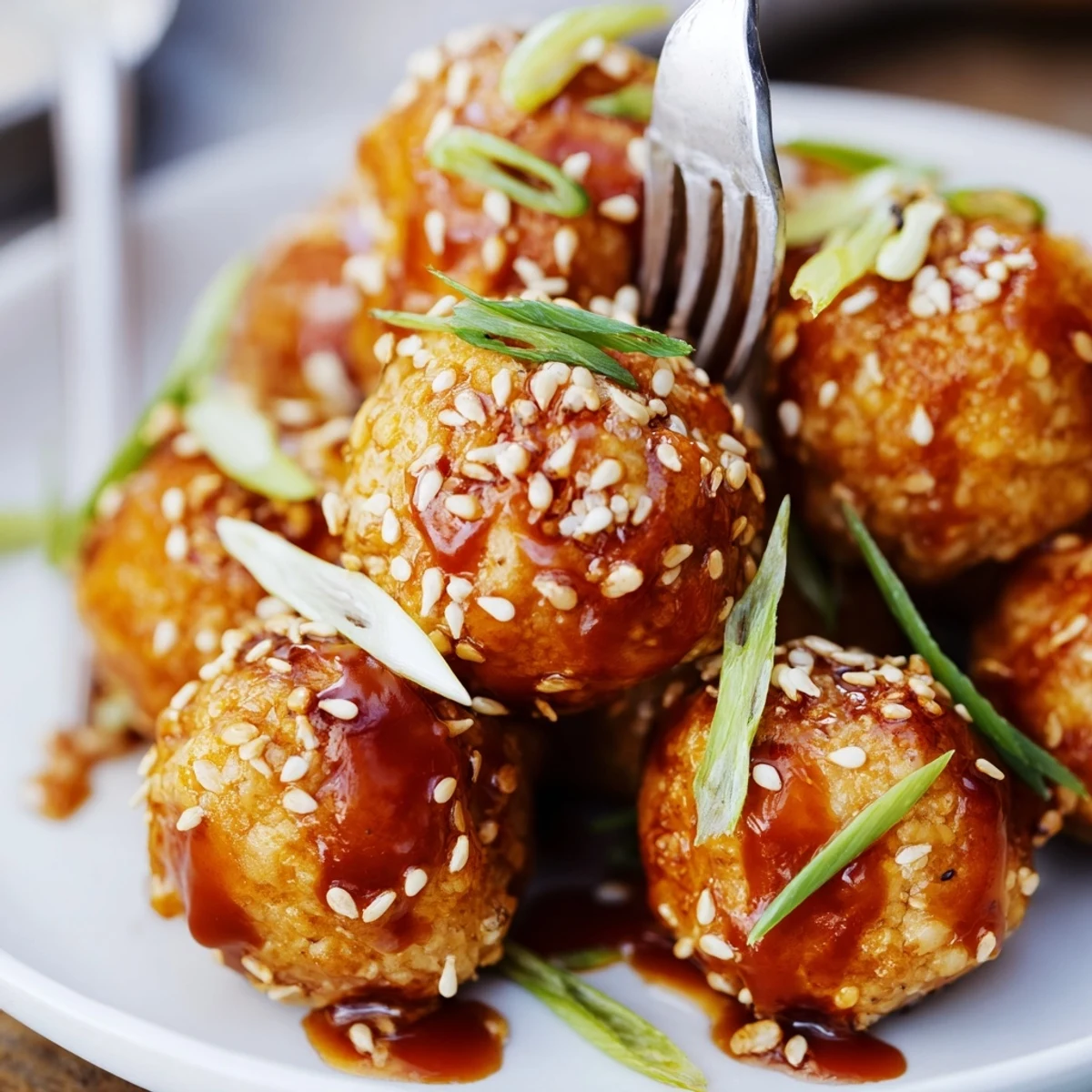 Plate of sweet chili tofu balls garnished with fresh scallions and extra sesame seeds