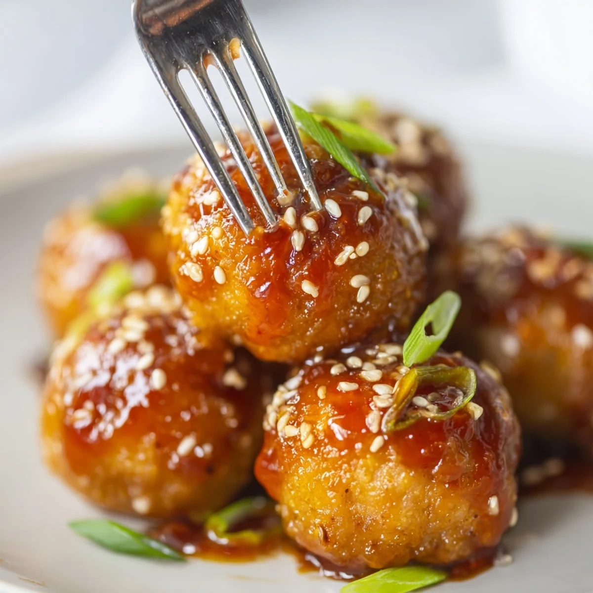Crispy baked sweet chili tofu balls drizzled with tangy glaze over steamed white rice