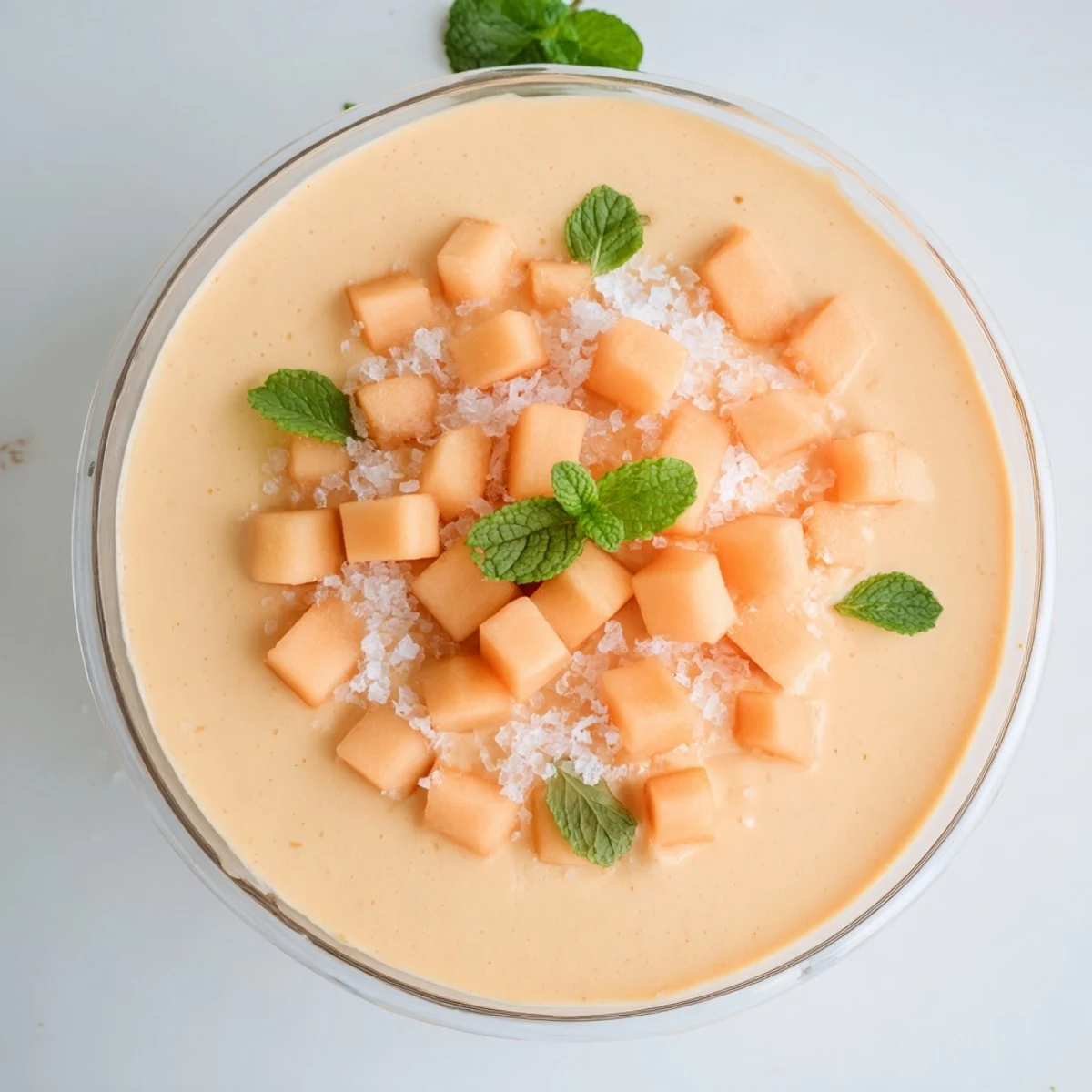Creamy cantaloupe sea salt cream dessert topped with flaky sea salt and fresh mint