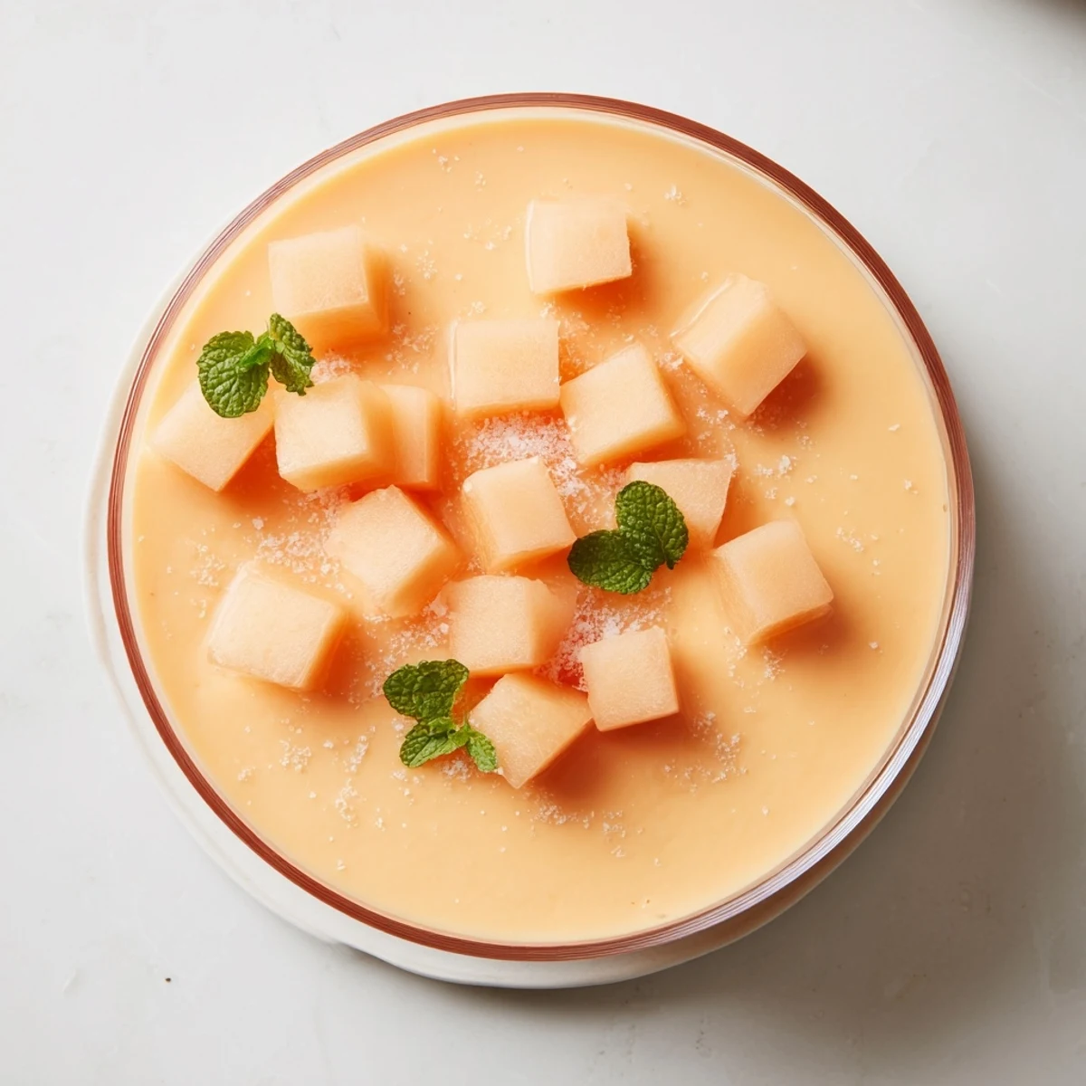 Golden chilled cantaloupe cream dessert served in elegant glasses with sweet melon garnish