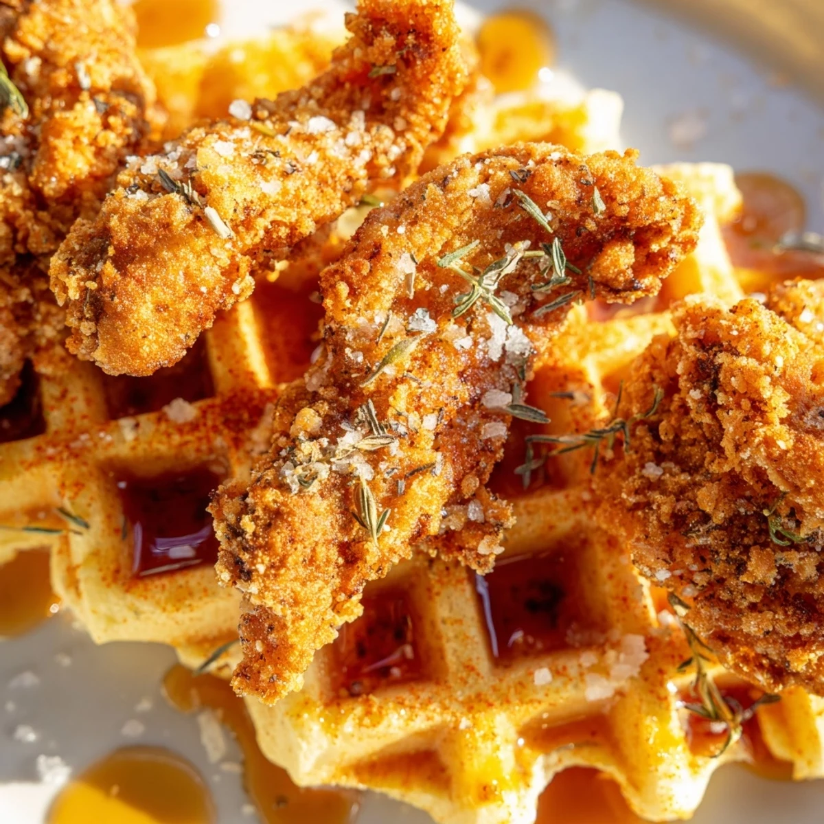 Stack of Belgian waffles topped with breaded oyster mushroom strips and sweet hot sauce glaze