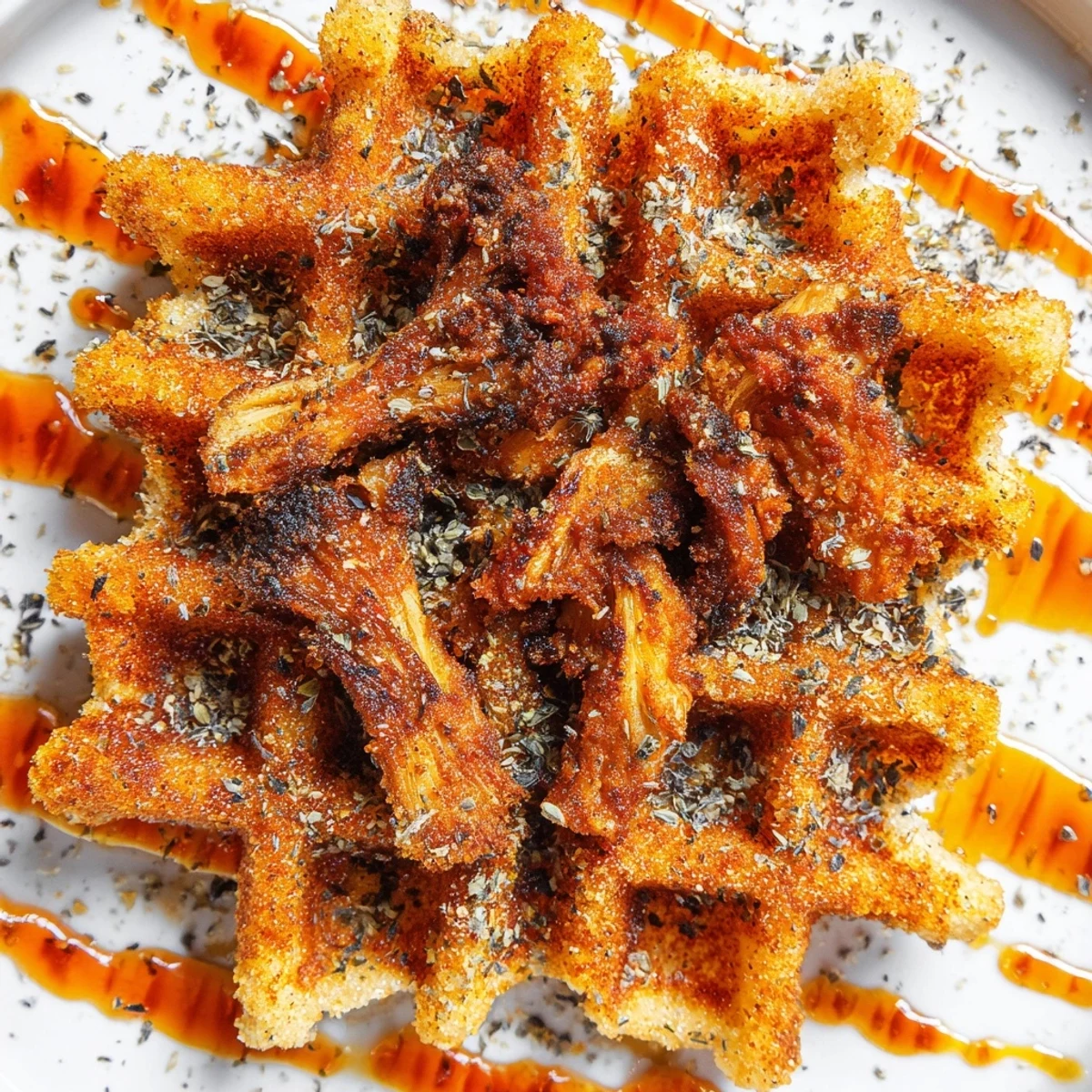 Golden crispy vegan fried chicken atop fluffy homemade waffles drizzled with spicy maple syrup