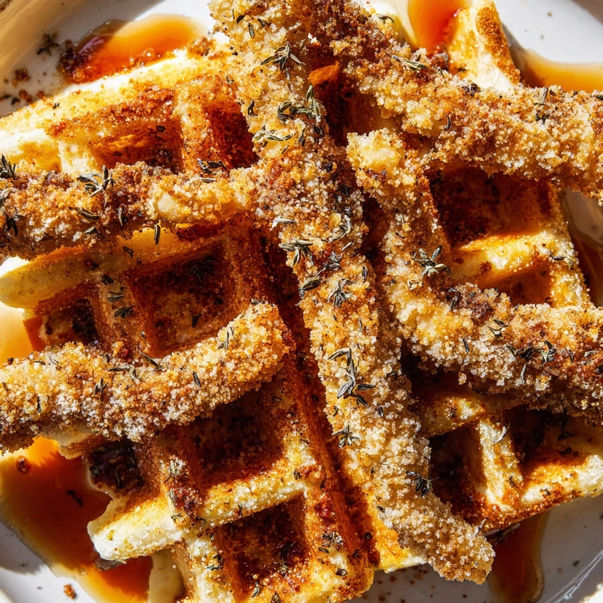 Southern style plant-based chicken and waffles brunch platter with golden brown fried mushroom cutlets