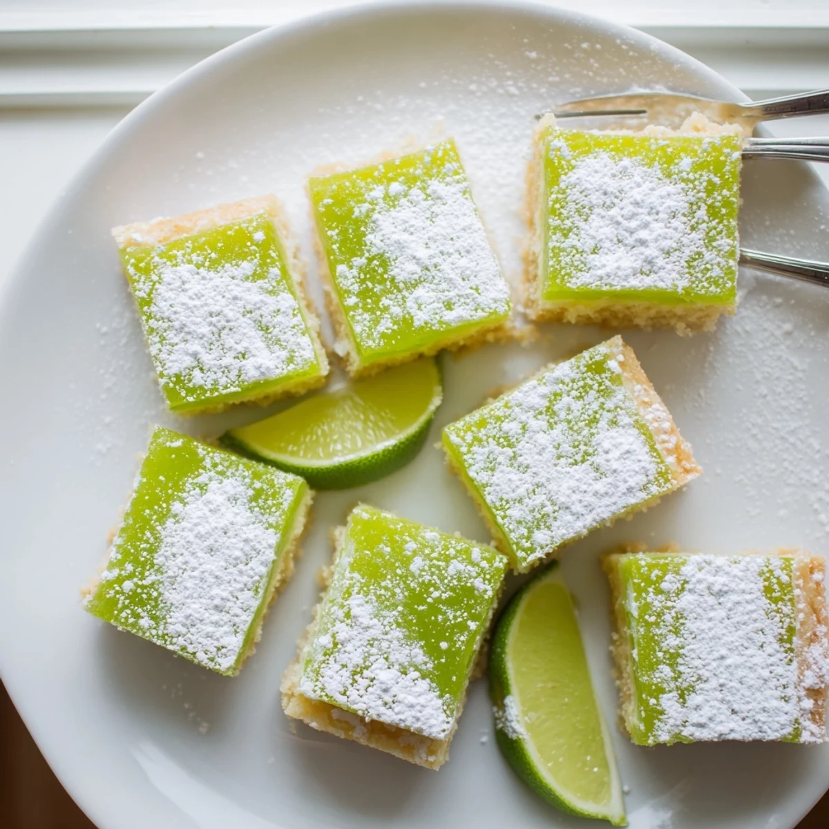 Golden Zesty Lime Citrus Bars with powdered sugar dusting on a white serving plate