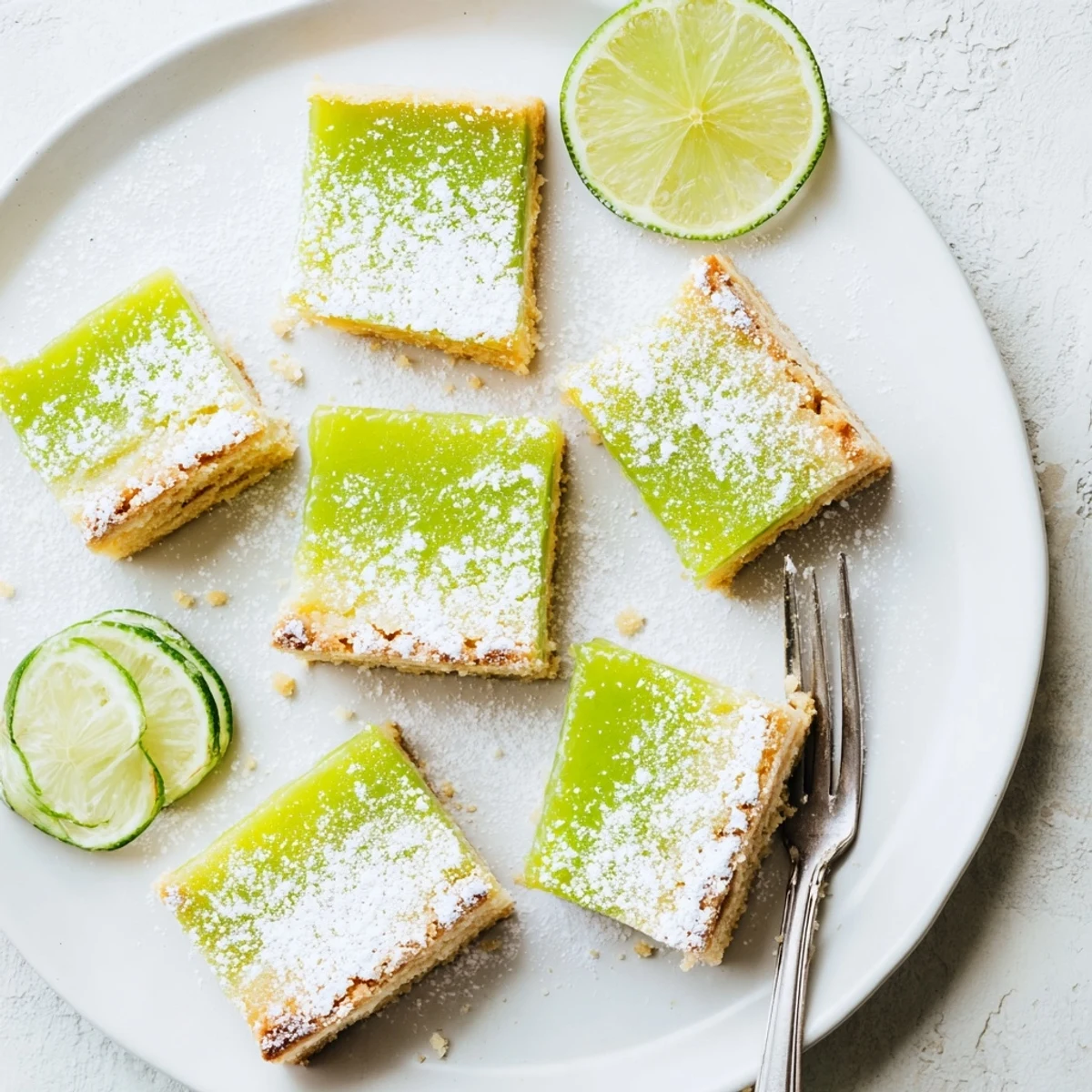 Homemade Zesty Lime Citrus Bars cut into neat squares on a wooden cutting board