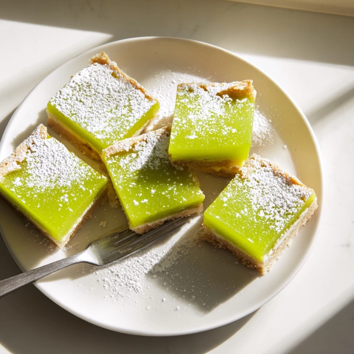 Close up of bright green lime bars with buttery shortbread crust and citrus zest garnish