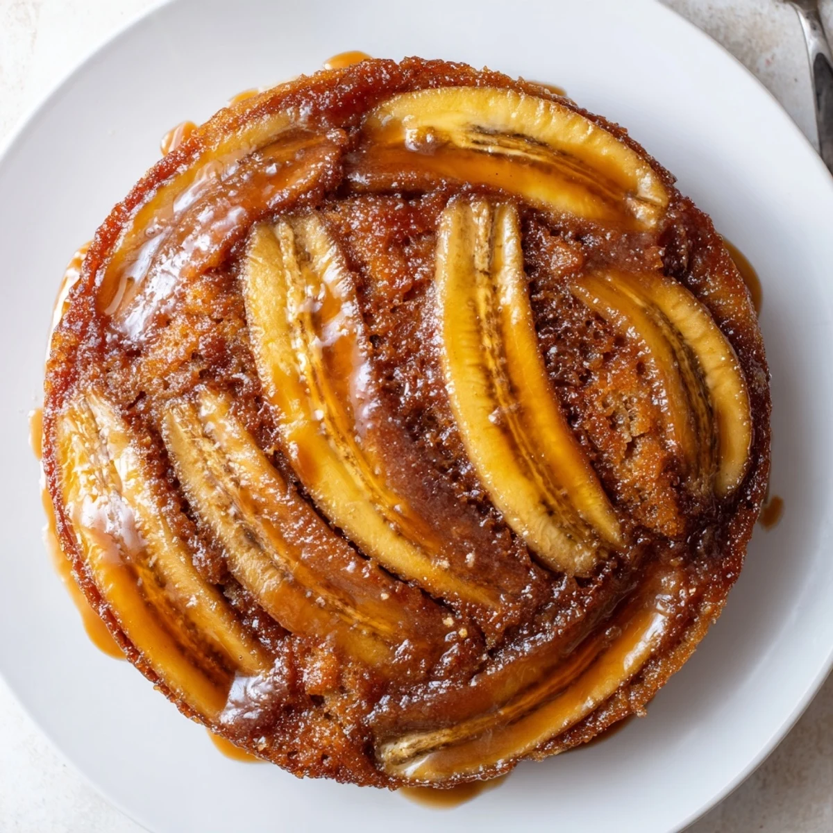 Sliced Banana Foster Upside Down Cake Recipe served warm with melting vanilla ice cream