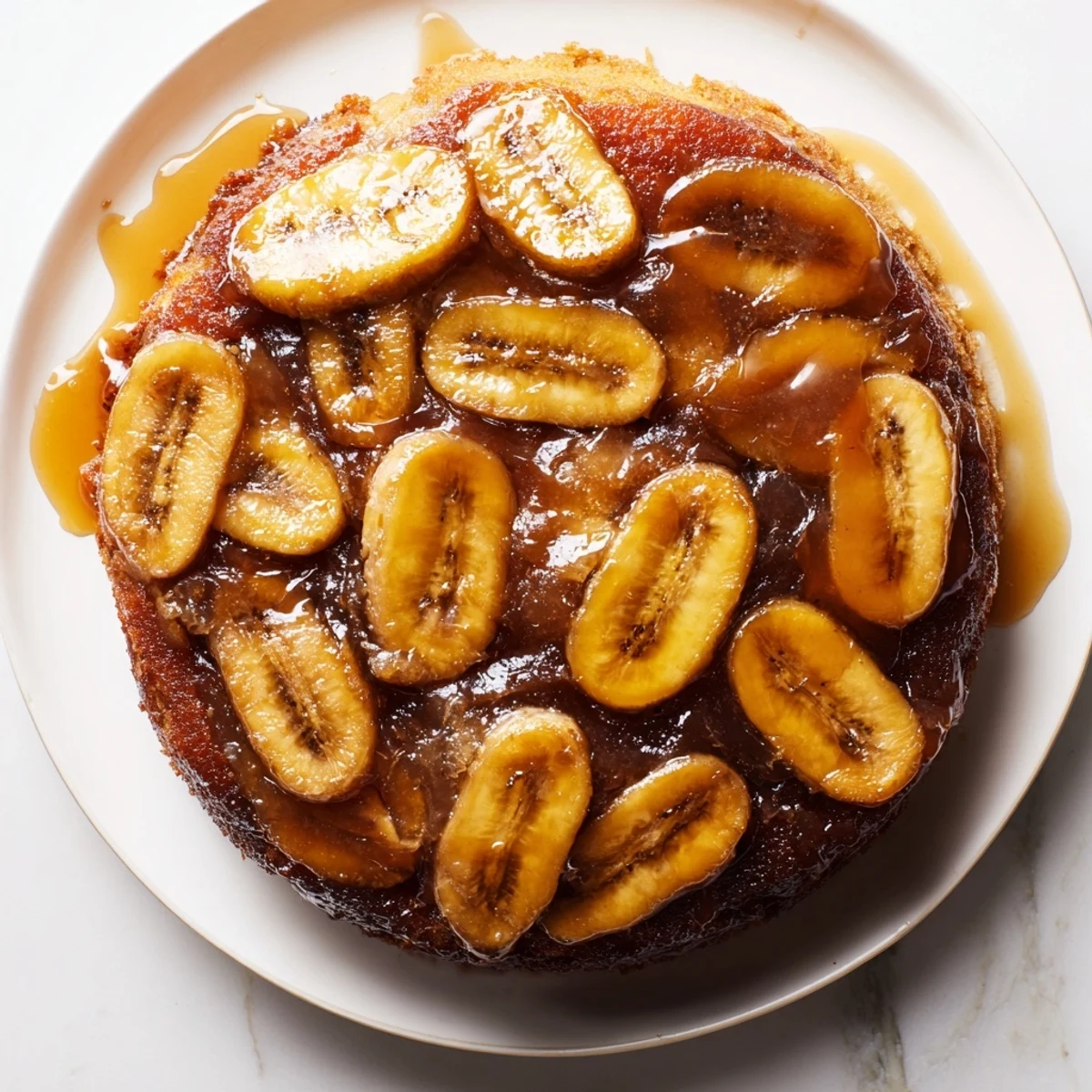 Warm Banana Foster Upside Down Cake Recipe cooling on platter, caramelized bananas glistening