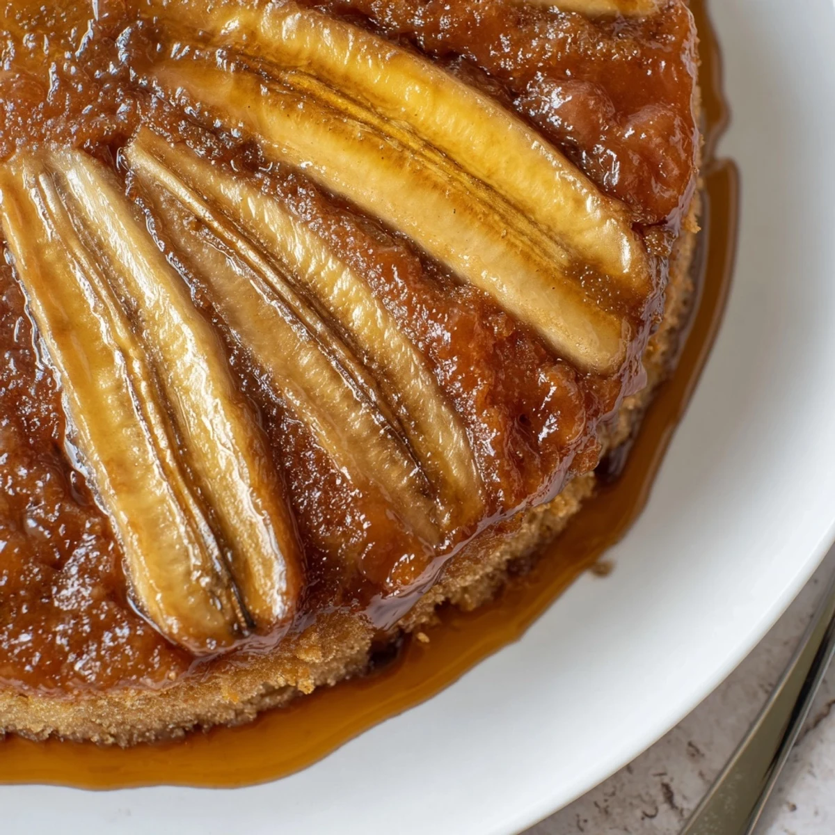 Inverted Banana Foster Upside Down Cake Recipe in pan, buttery crumb and sticky caramel