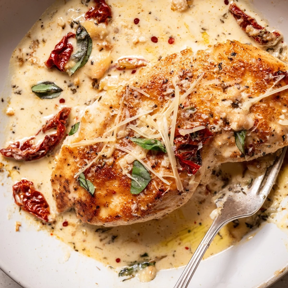 Golden seared Marry Me Chicken in creamy sun-dried tomato sauce, basil.