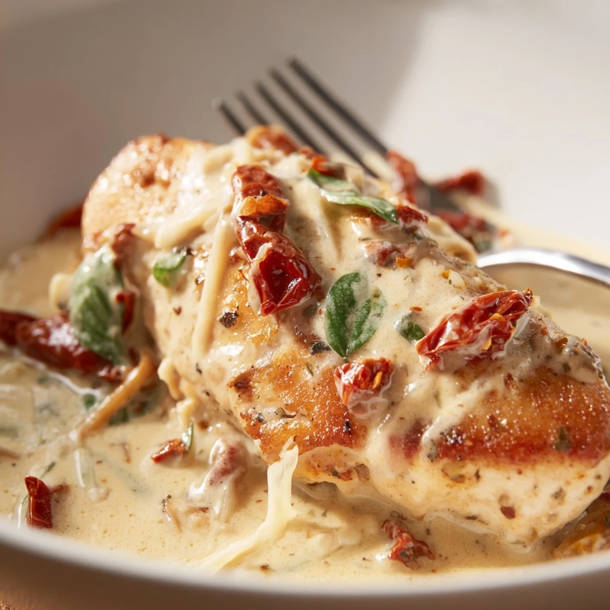 Skillet-simmered Marry Me Chicken nestled in silky cream sauce, served with pasta.