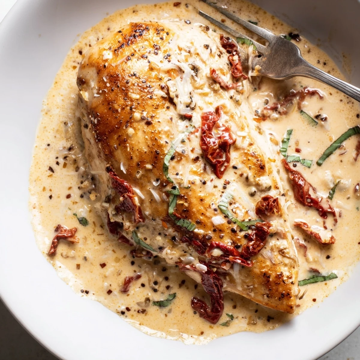 Comforting Marry Me Chicken with Parmesan, garlic aroma, sun-dried tomatoes, crusty bread.