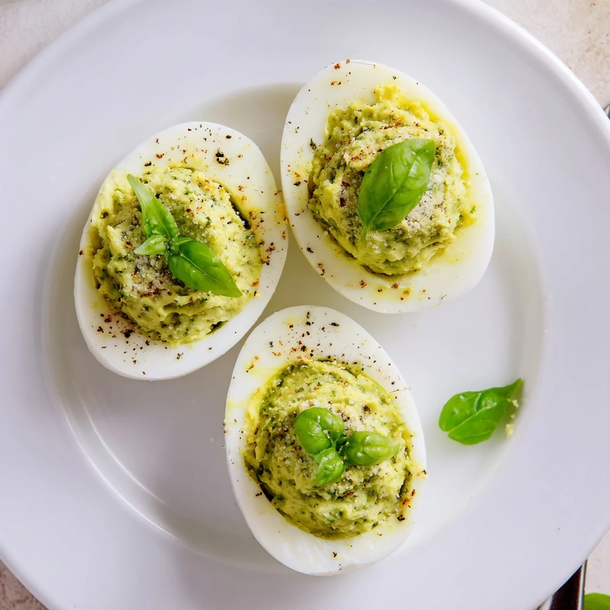 Pesto Parmesan Deviled Eggs on a platter, creamy filling and basil garnish