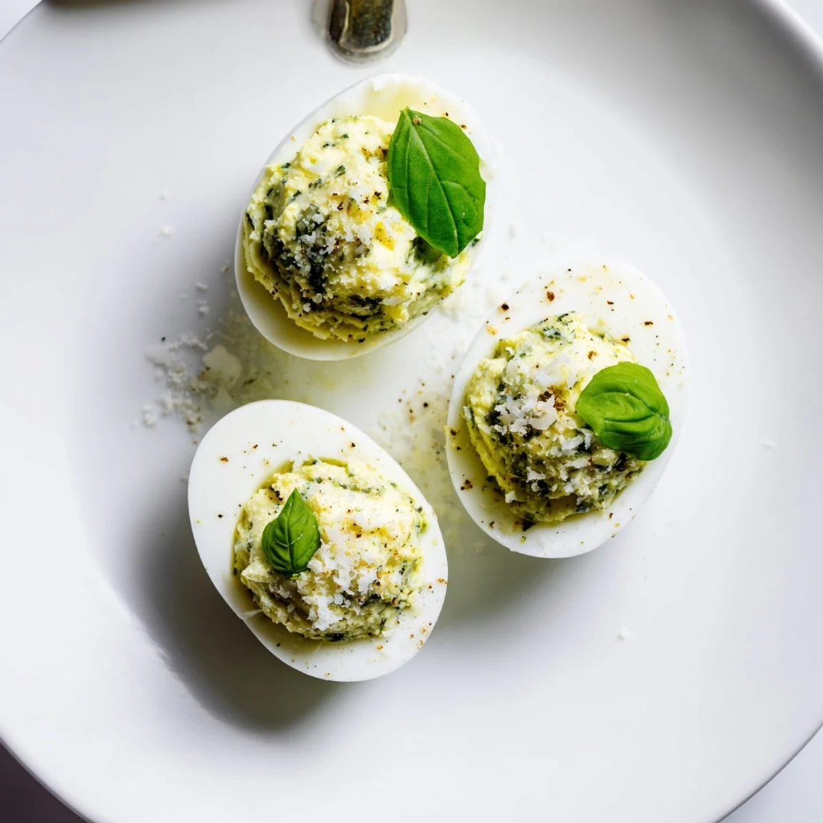 Tray of Pesto Parmesan Deviled Eggs with cracked pepper, tangy lemon notes