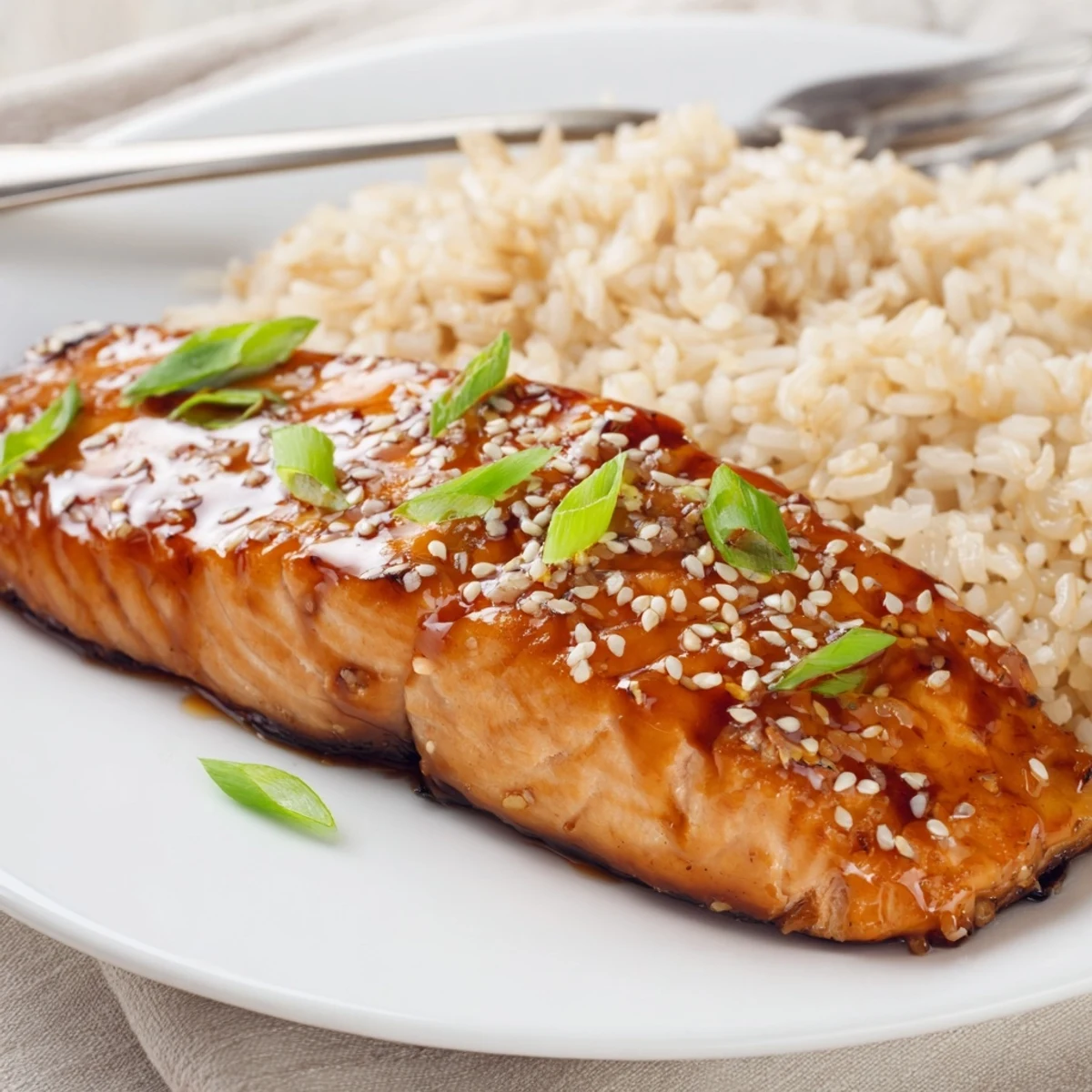Baked Teriyaki Salmon glazed and caramelized, served atop fluffy steamed rice