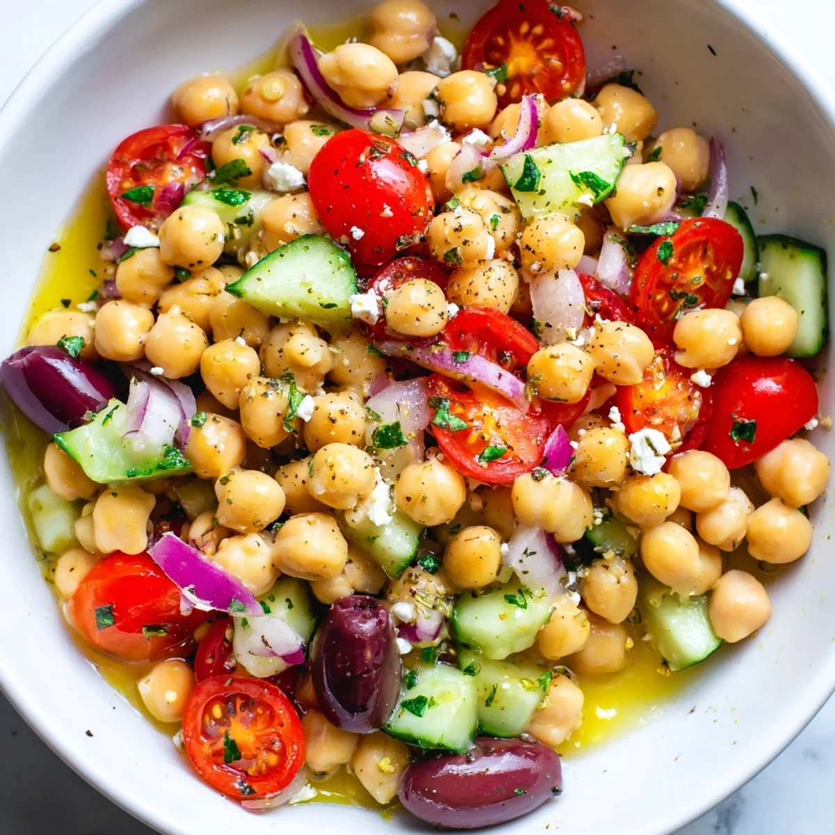 Mediterranean Chickpea Salad with bright lemon dressing, crunchy cucumber and tomatoes