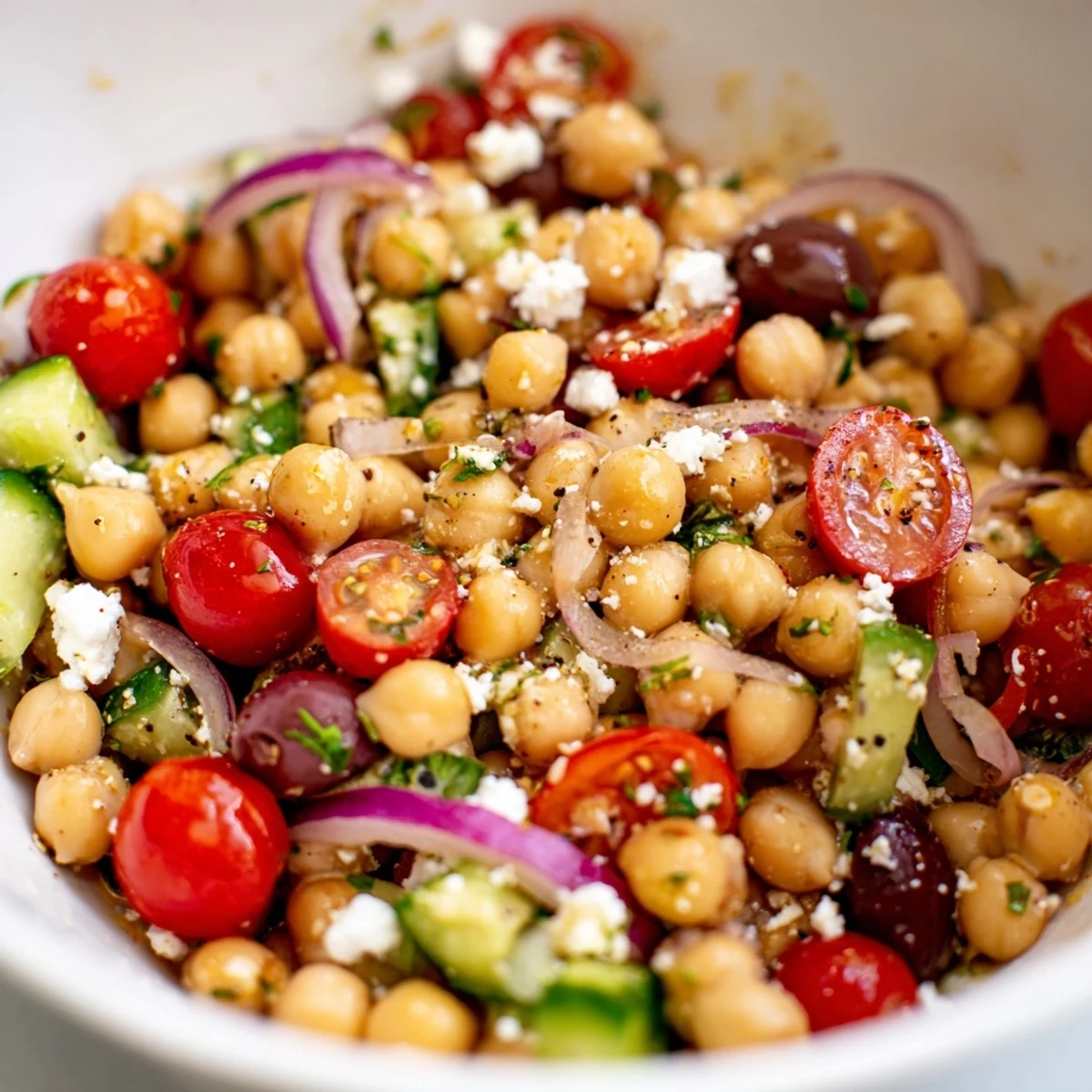 Easy Mediterranean Chickpea Salad served in bowl, refreshing, great potluck side