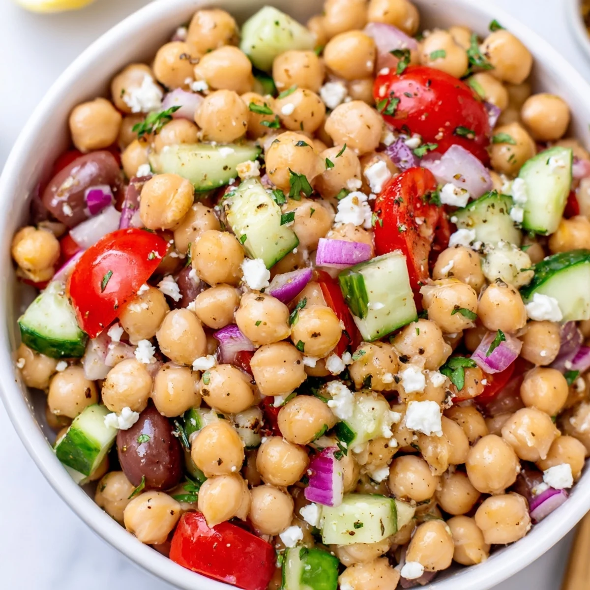 Chilled Mediterranean Chickpea Salad tossed with olives, feta, parsley, zesty garlic
