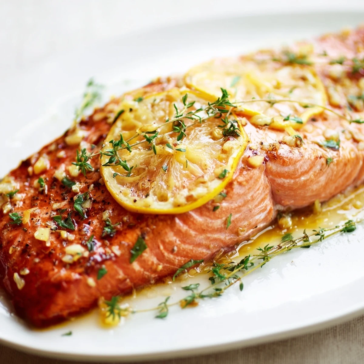 Baked Lemon Dijon Salmon With Garlic glistening with lemon slices and parsley