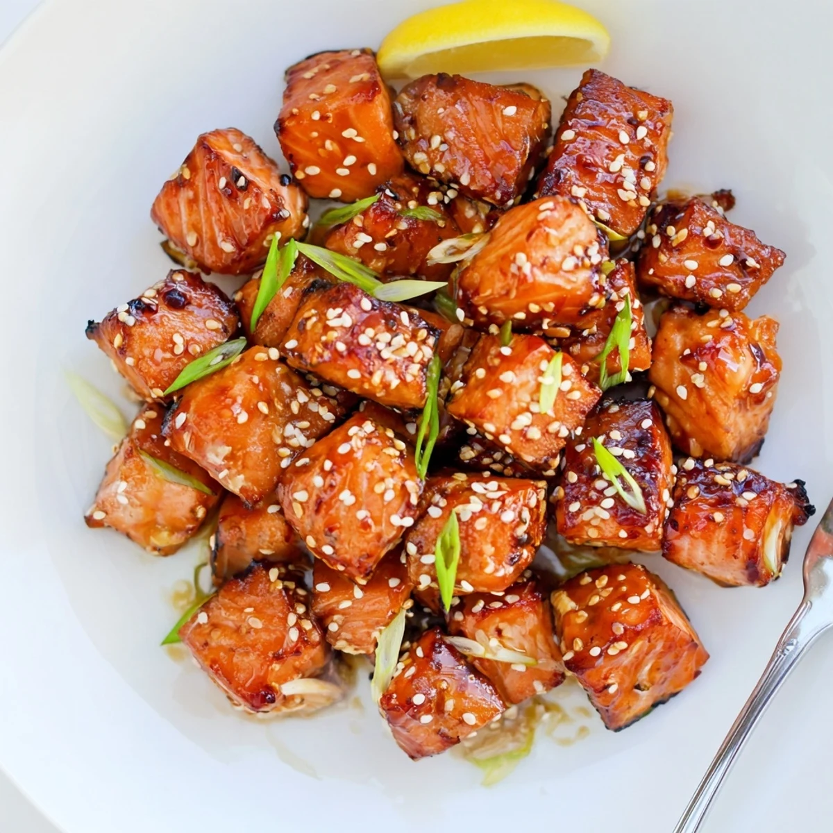 Close-up of Honey Glazed Salmon Bites on platter, garnished with lemon