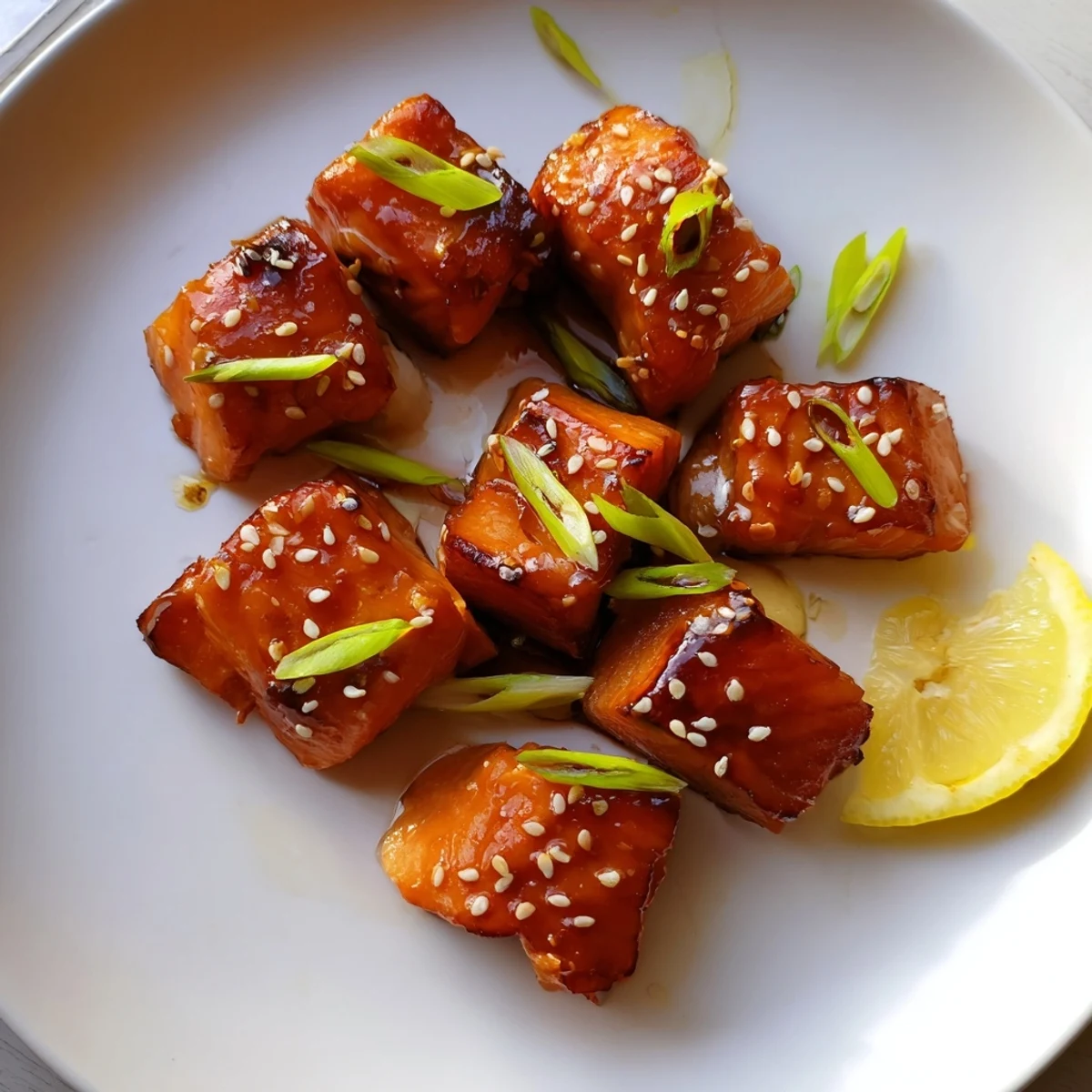 Honey Glazed Salmon Bites caramelized golden, brushed with sticky glaze and sesame
