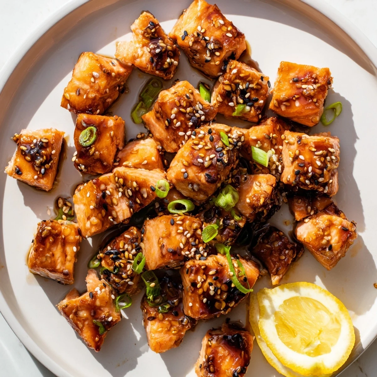 Oven broiled Honey Glazed Salmon Bites served over rice, bright green onions