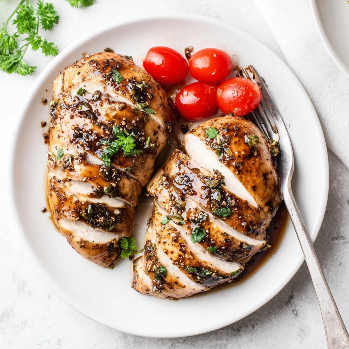 Balsamic Baked Chicken Breast glistening with caramelized glaze, garnished with parsley.