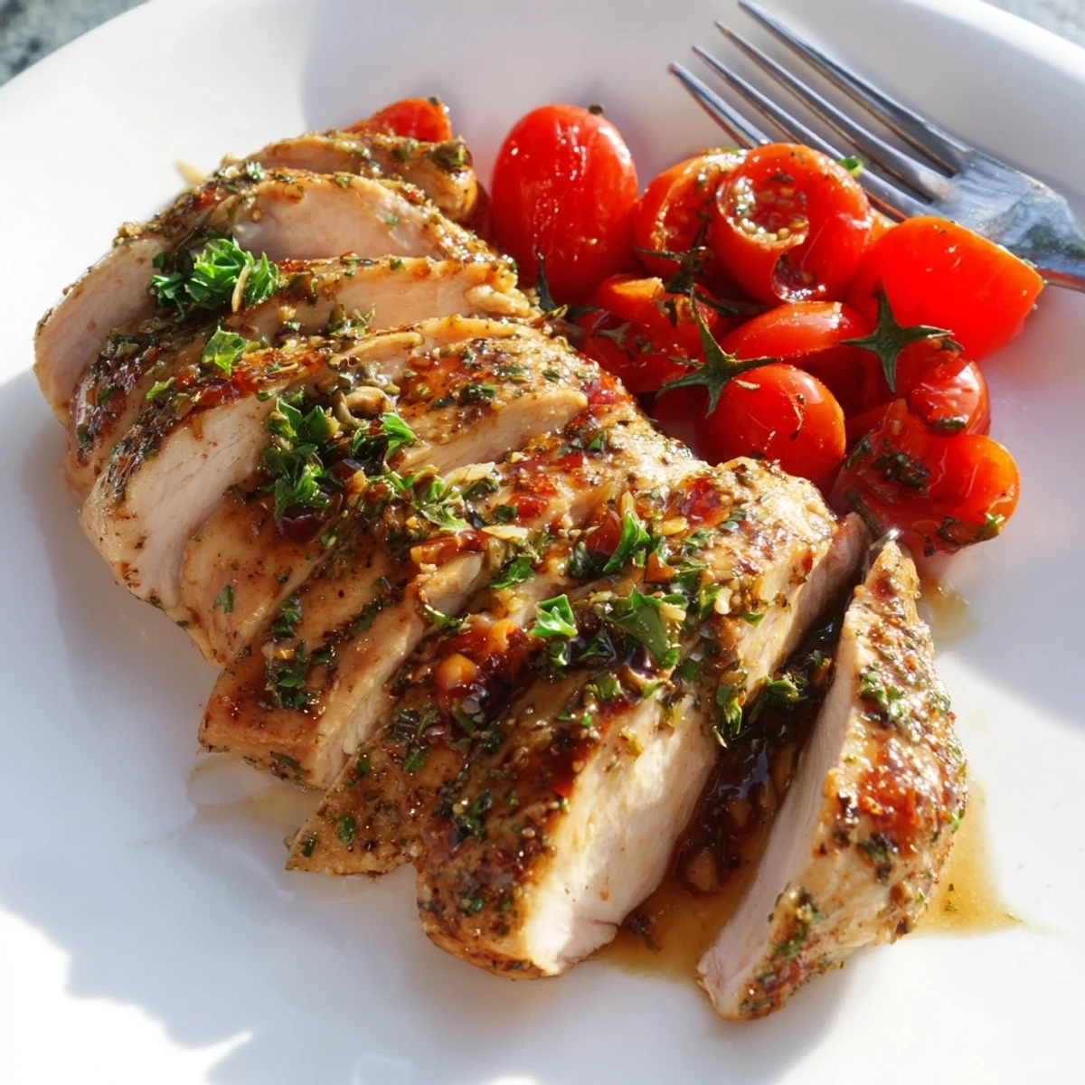 Juicy Balsamic Baked Chicken Breast resting before slicing, served alongside roasted vegetables.