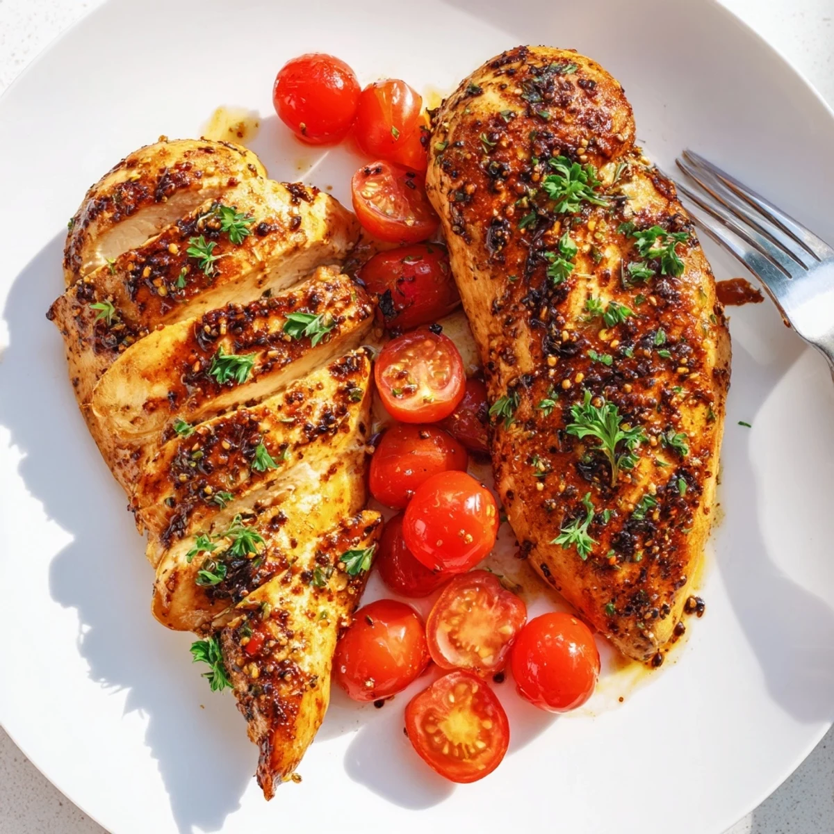 Herb-marinated Balsamic Baked Chicken Breast with honeyed balsamic juices, lemon wedge.