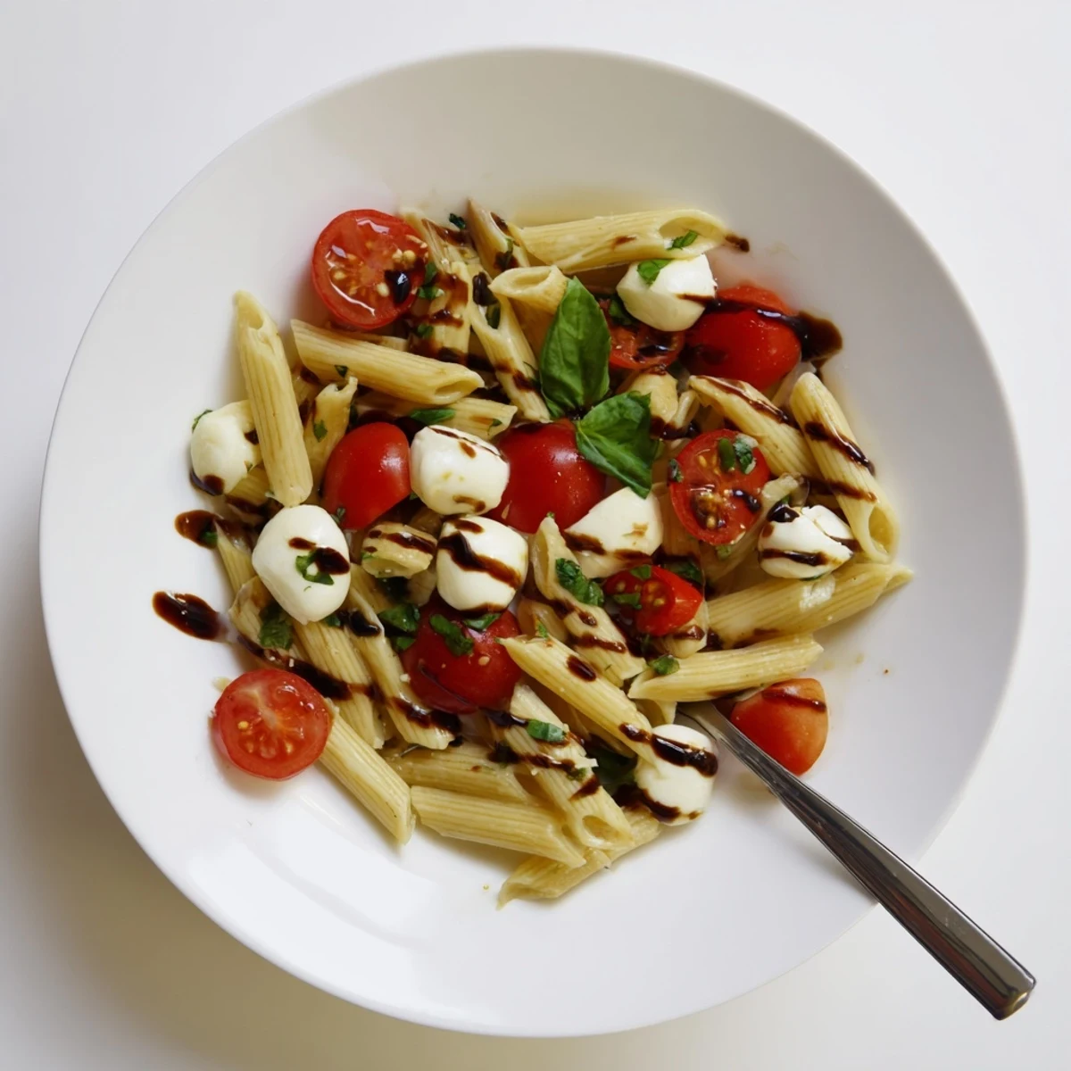 Warm Caprese Tomato Mozzarella Penne tossed with basil, olive oil sheen