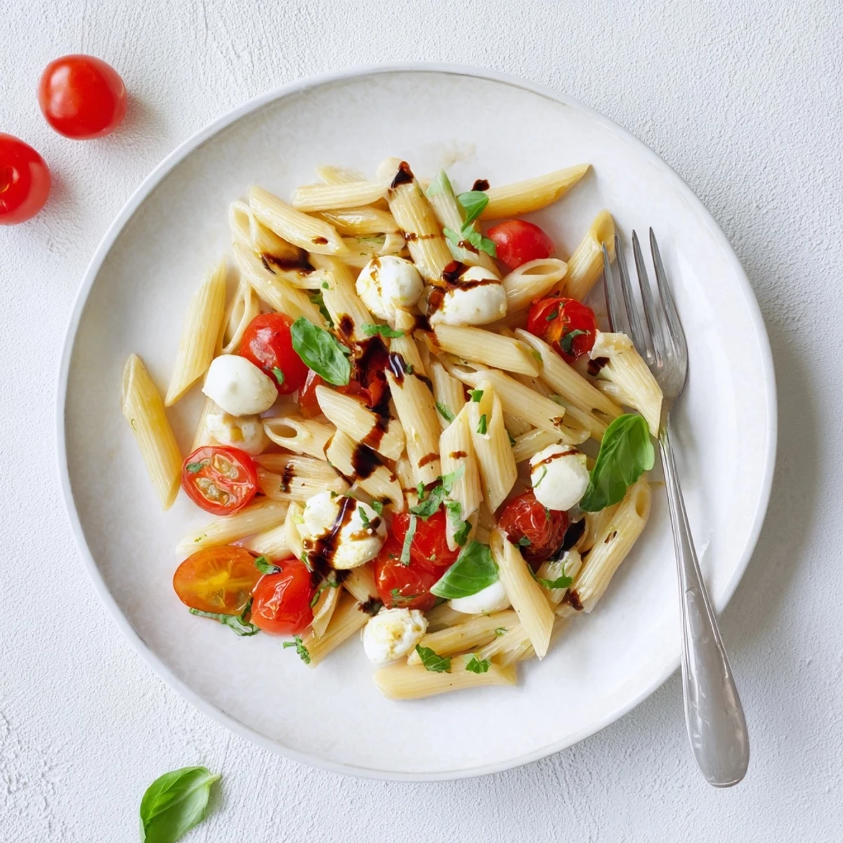 Plate of Caprese Tomato Mozzarella Penne garnished with balsamic drizzle and basil