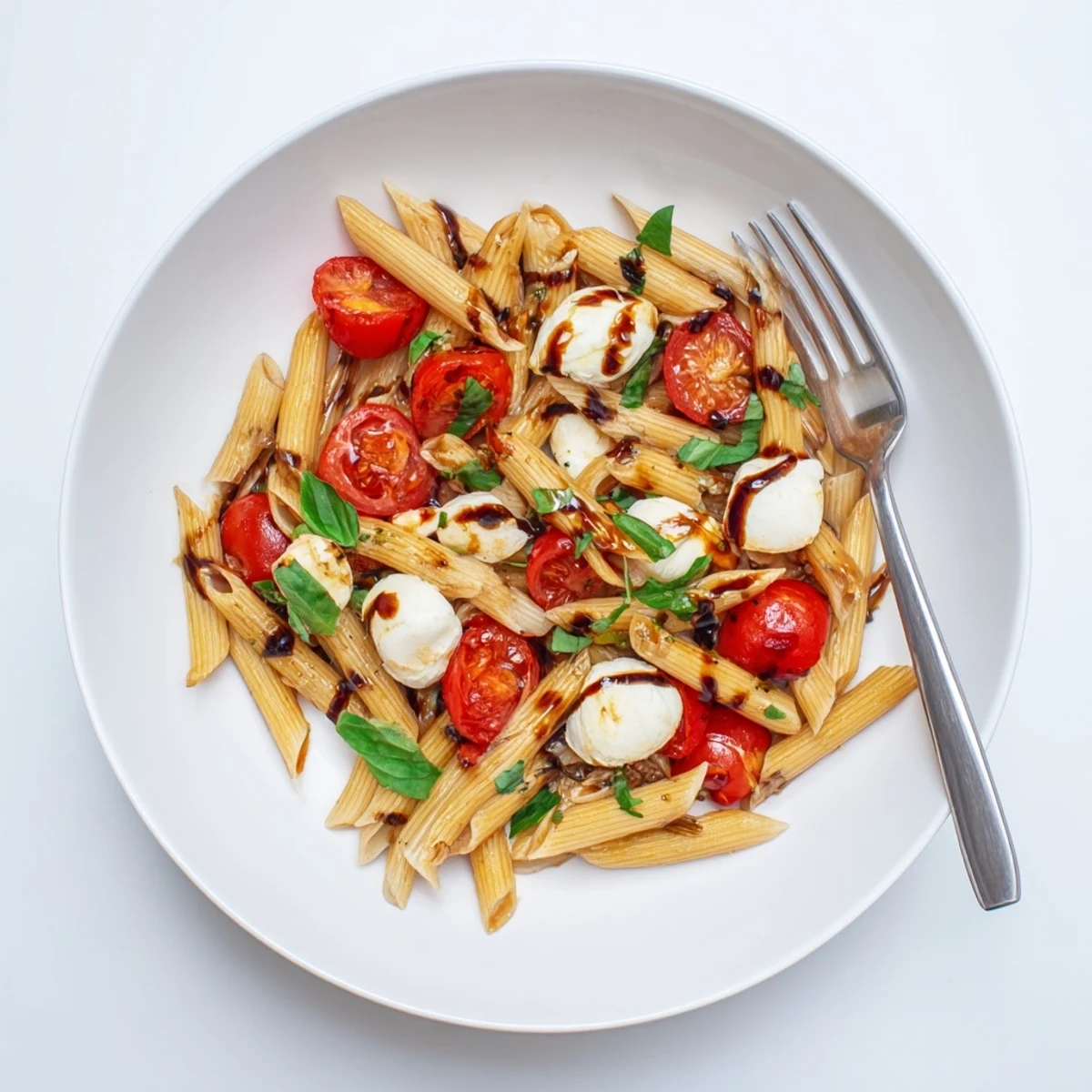 Fragrant garlic and basil lift Caprese Tomato Mozzarella Penne, creamy bites
