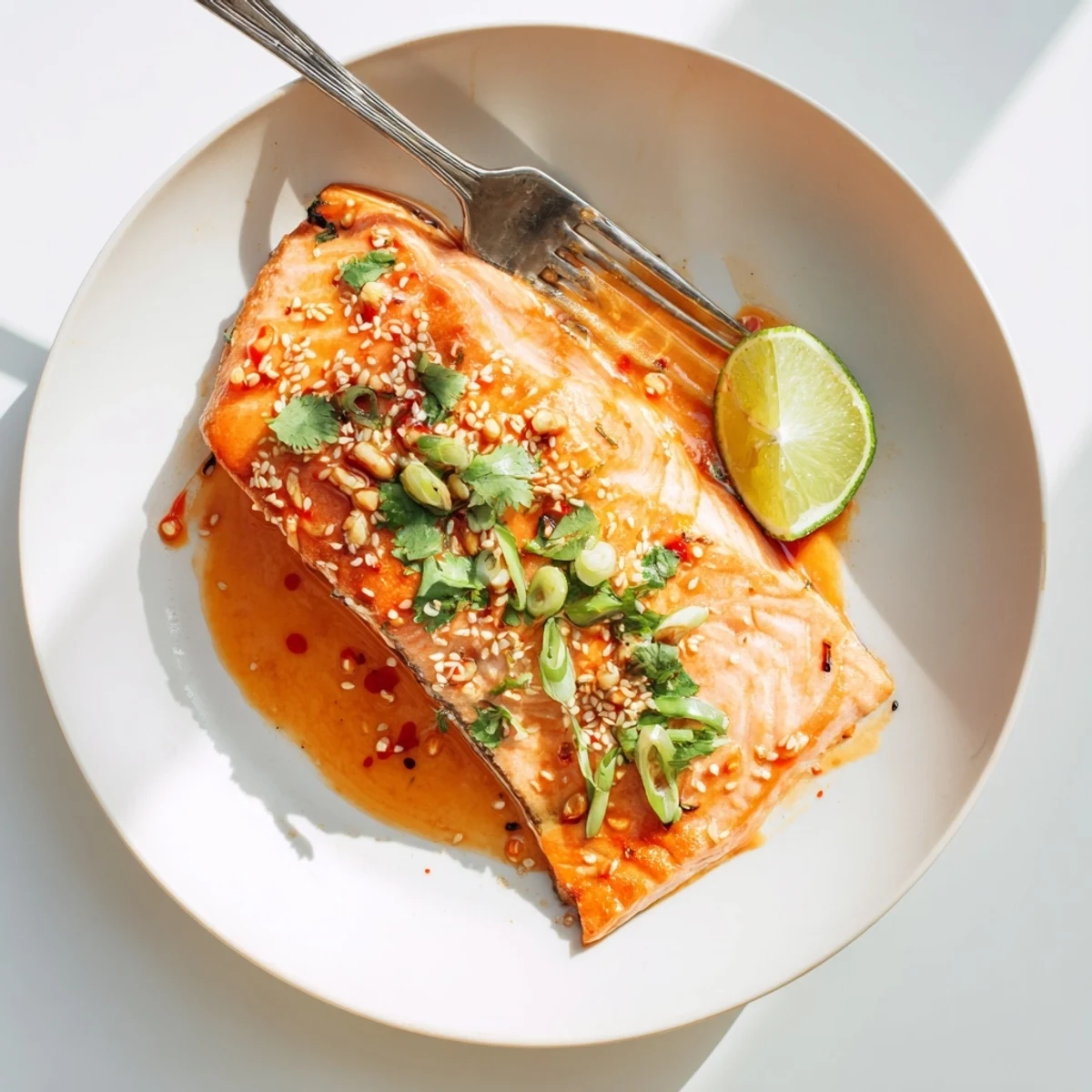 Bang Bang Salmon glazed with creamy spicy sauce, garnished with cilantro and lime