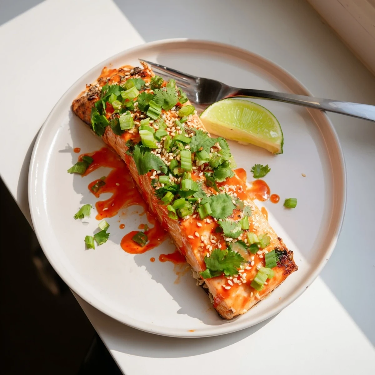 Oven-baked Bang Bang Salmon flaky fillets drizzled with sweet tangy sauce