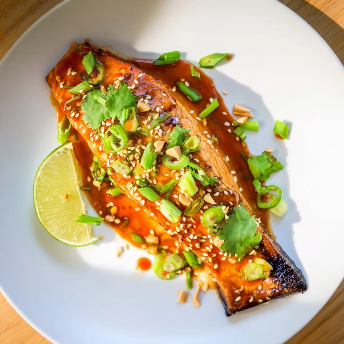 Family style Bang Bang Salmon served over jasmine rice with toasted sesame seeds