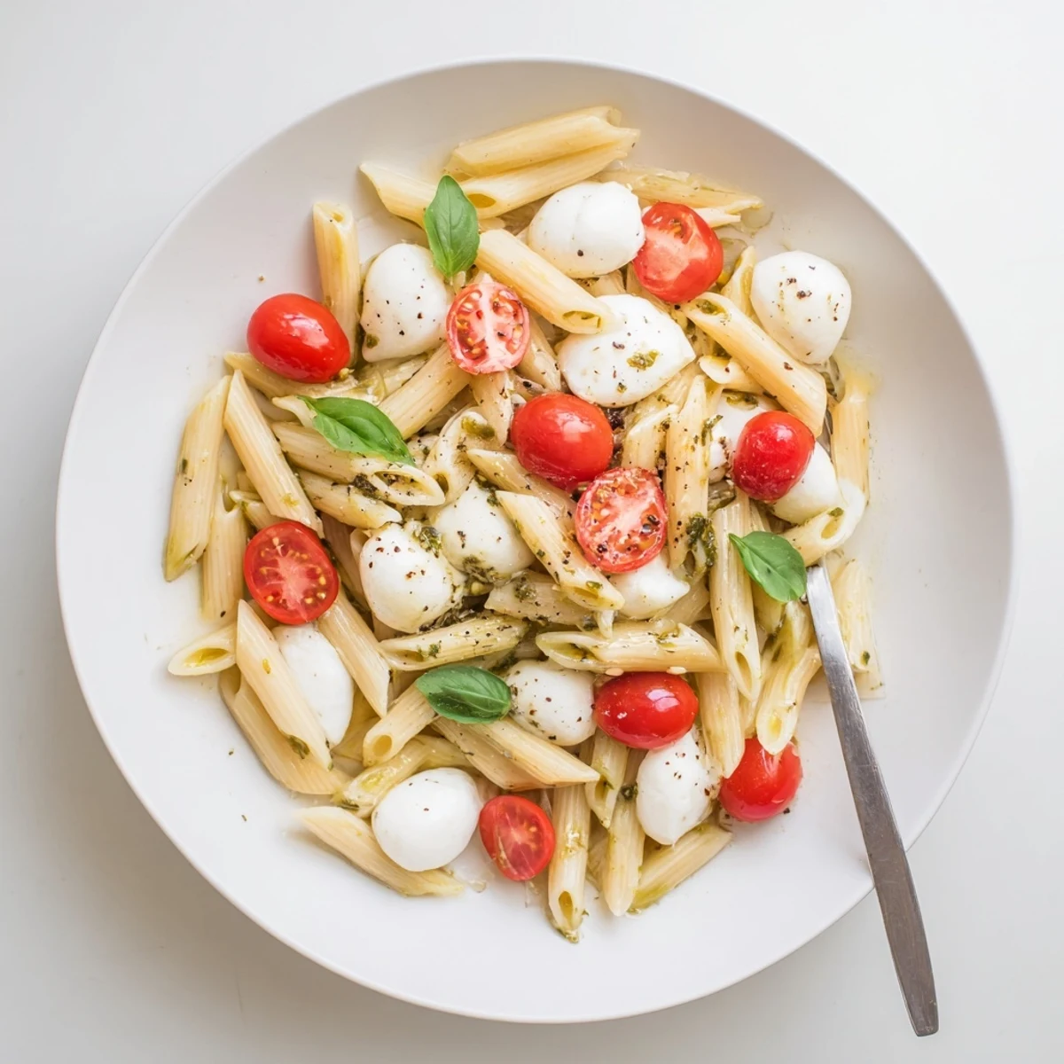 Caprese Pasta Recipe with glossy cherry tomatoes, melted mozzarella, fragrant basil drizzle  