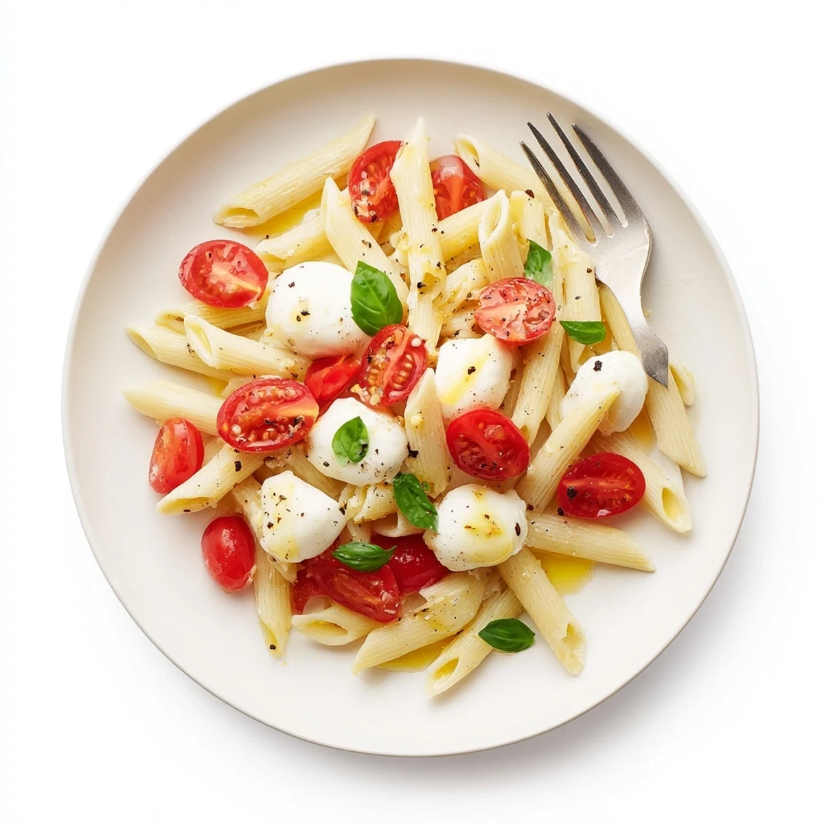 Warm Caprese Pasta Recipe tossed with garlic scented olive oil and torn basil  