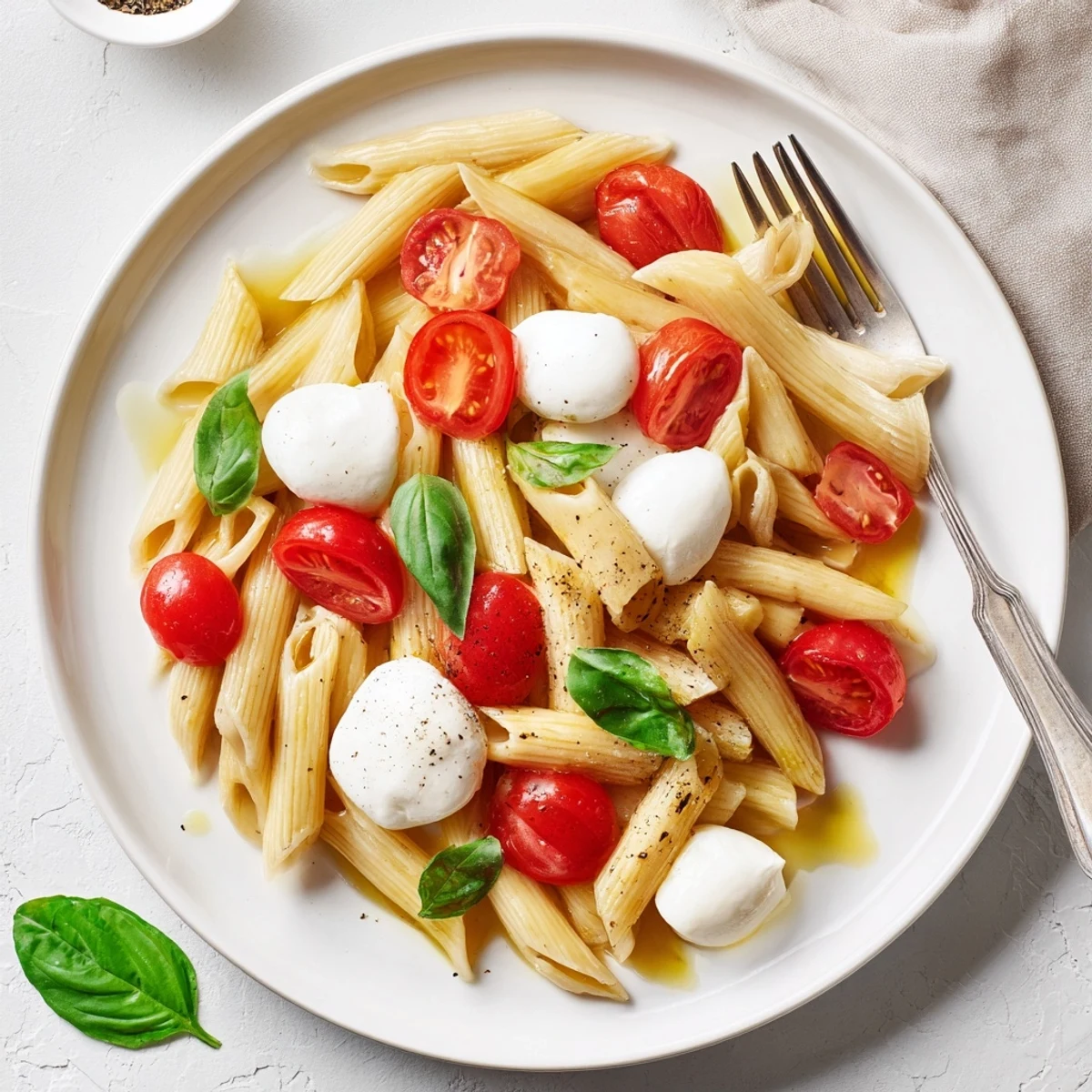 Caprese Pasta Recipe plated with vivid red tomatoes, creamy bocconcini, Pinot Grigio pairing