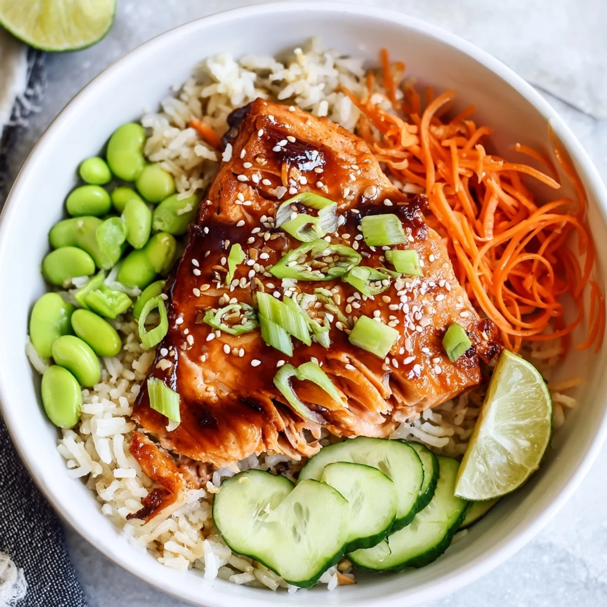 Honey Glazed Salmon Bowl with caramelized glaze, tender flaky salmon over jasmine rice